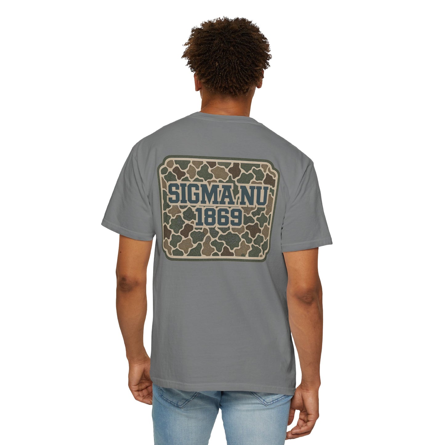 SigmaNu Camouflage T-Shirt | Unisex Garment-Dyed Tee for Greek Life | Ideal for Fraternity Events, Casual Wear, Gifts, Game Days