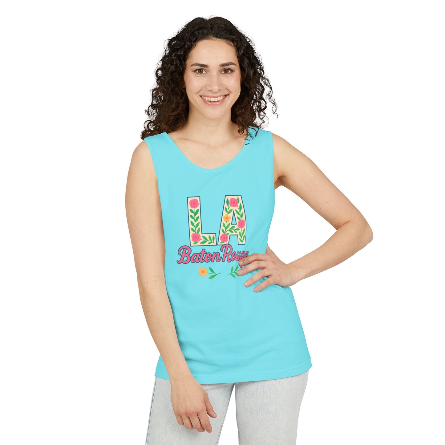 LA Baton Rouge Floral Tank Top, Summer Vibes, Unisex Apparel, Gift for Friends, Vacation Outfit, Spring/Summer Wear, Comfort Colors, Graduation Gift