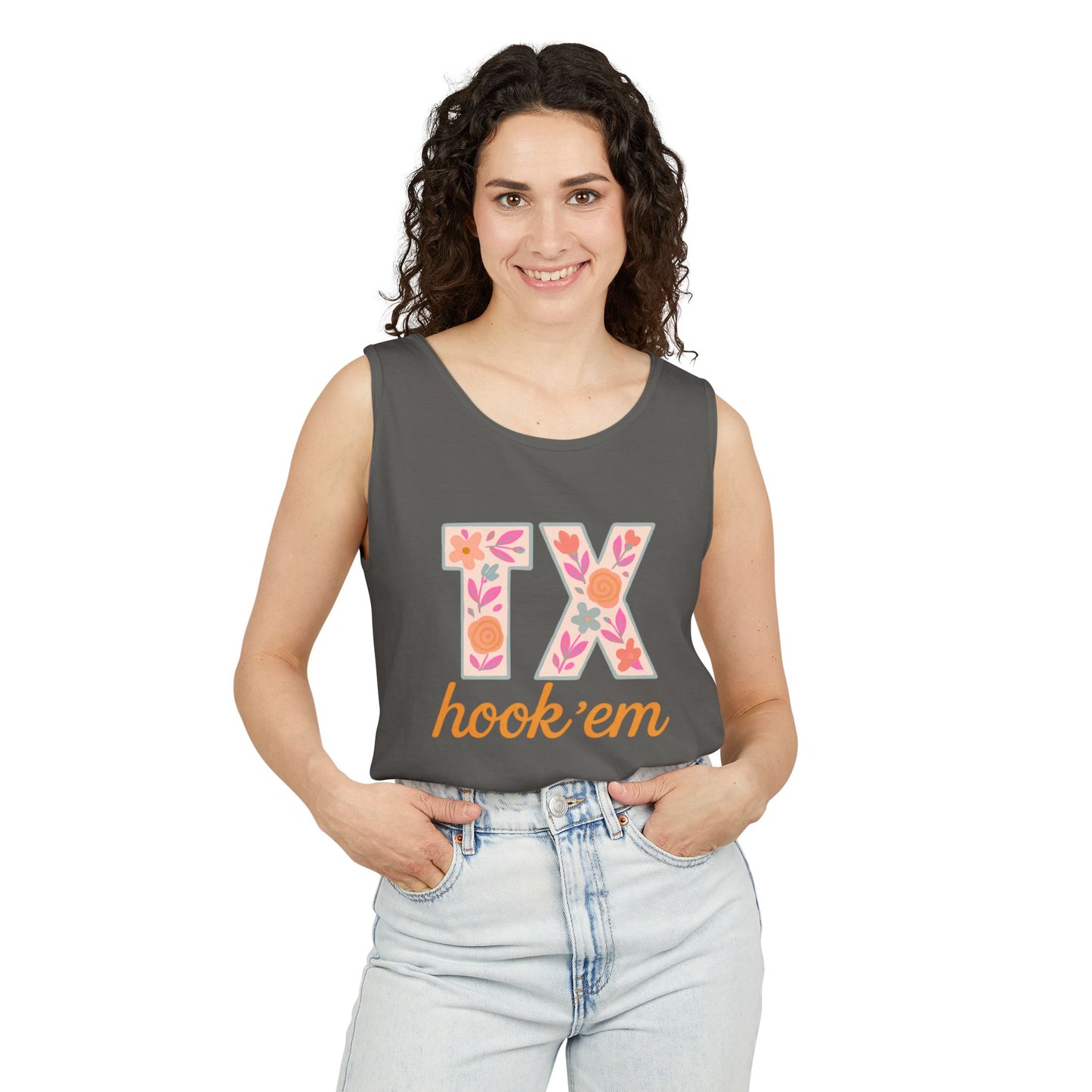 Texas Floral Hook 'Em Unisex Tank Top, Summer Vibe, Casual Wear, College Gear, Gift for Graduates, Texas Pride Apparel, Comfort Colors, Graduation Gift