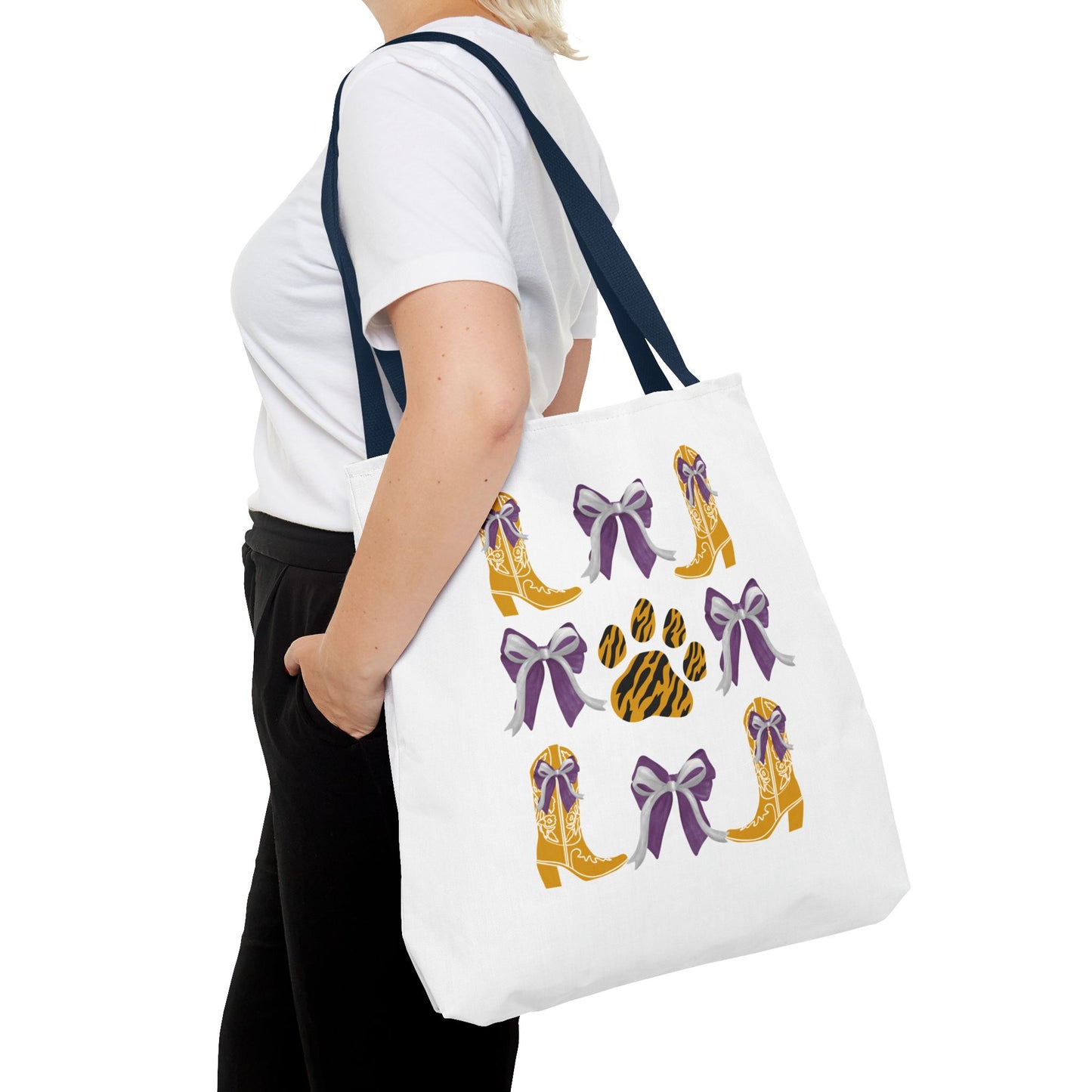 LSu coquette bow Print Tote Bag, Eco-Friendly Fashion Bag, lsu tiger fan, louisiana game day, geaux tigers, college student gift, graduation gift