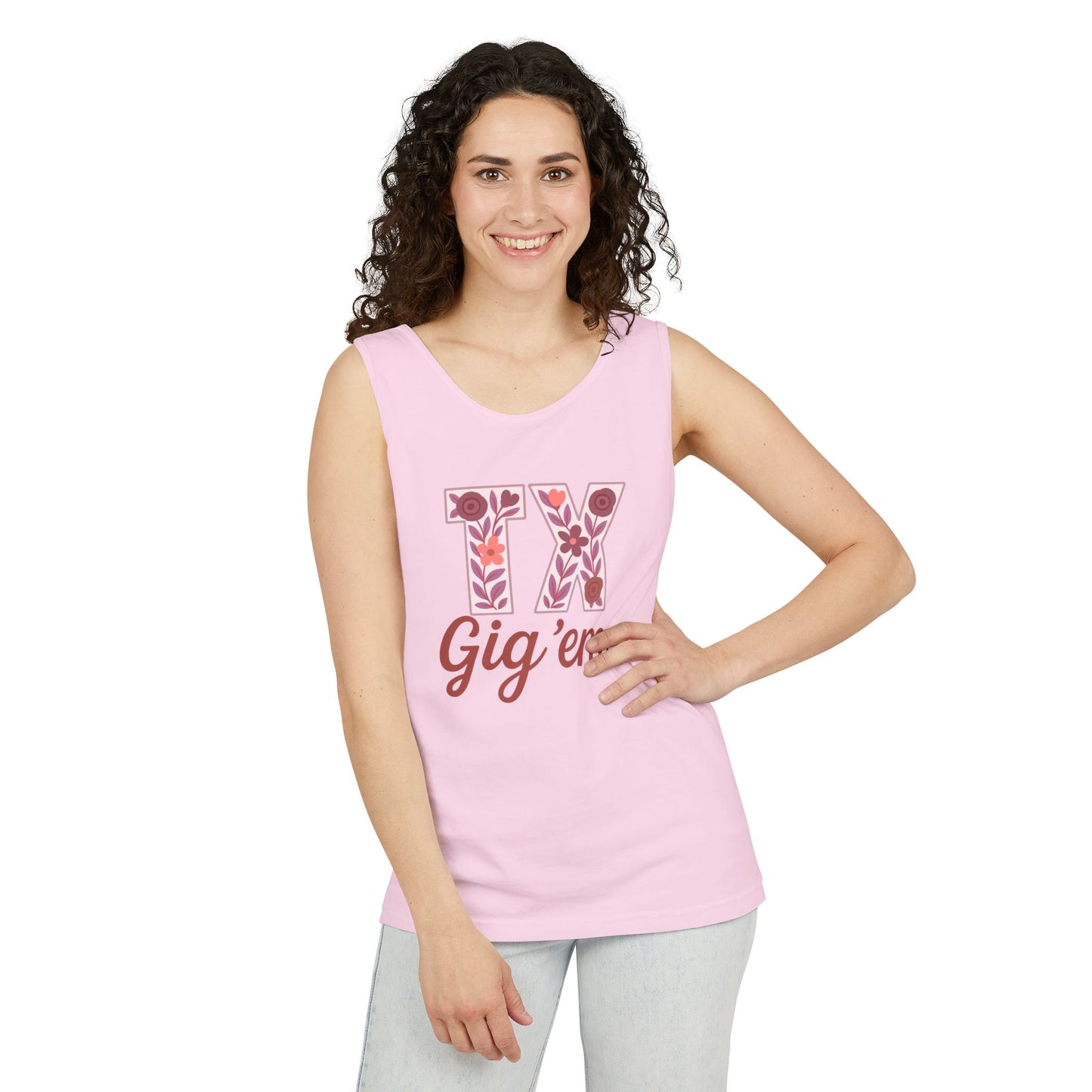Texas Gig 'Em Tank Top, Unisex Summer Apparel, Cute Floral Design, Perfect for College Fans, Gifts, Comfort Colors, Graduation Gift