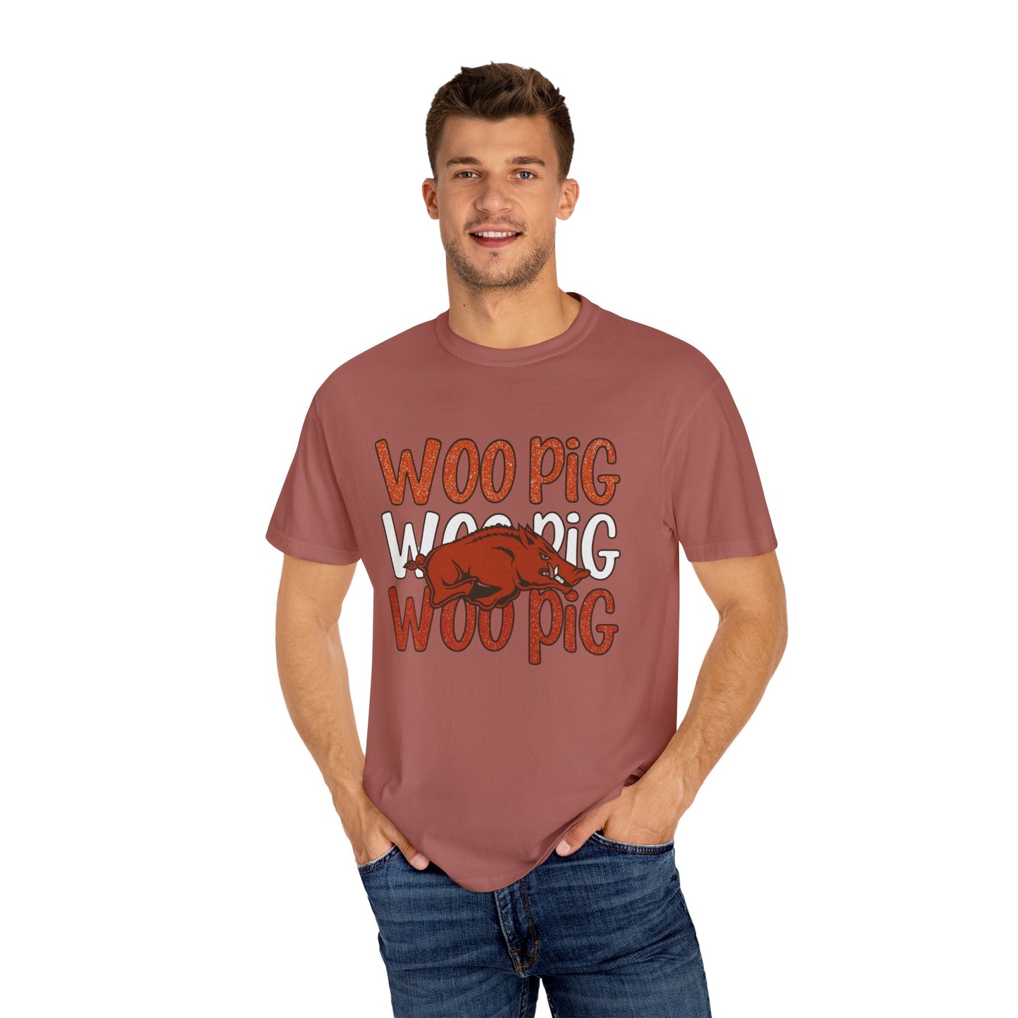 Woo Pig Garment-Dyed T-Shirt, Unisex Tee, Arkansas Pride Shirt, Casual Everyday Wear, College Game Day Tee, Fun Graphic Tee