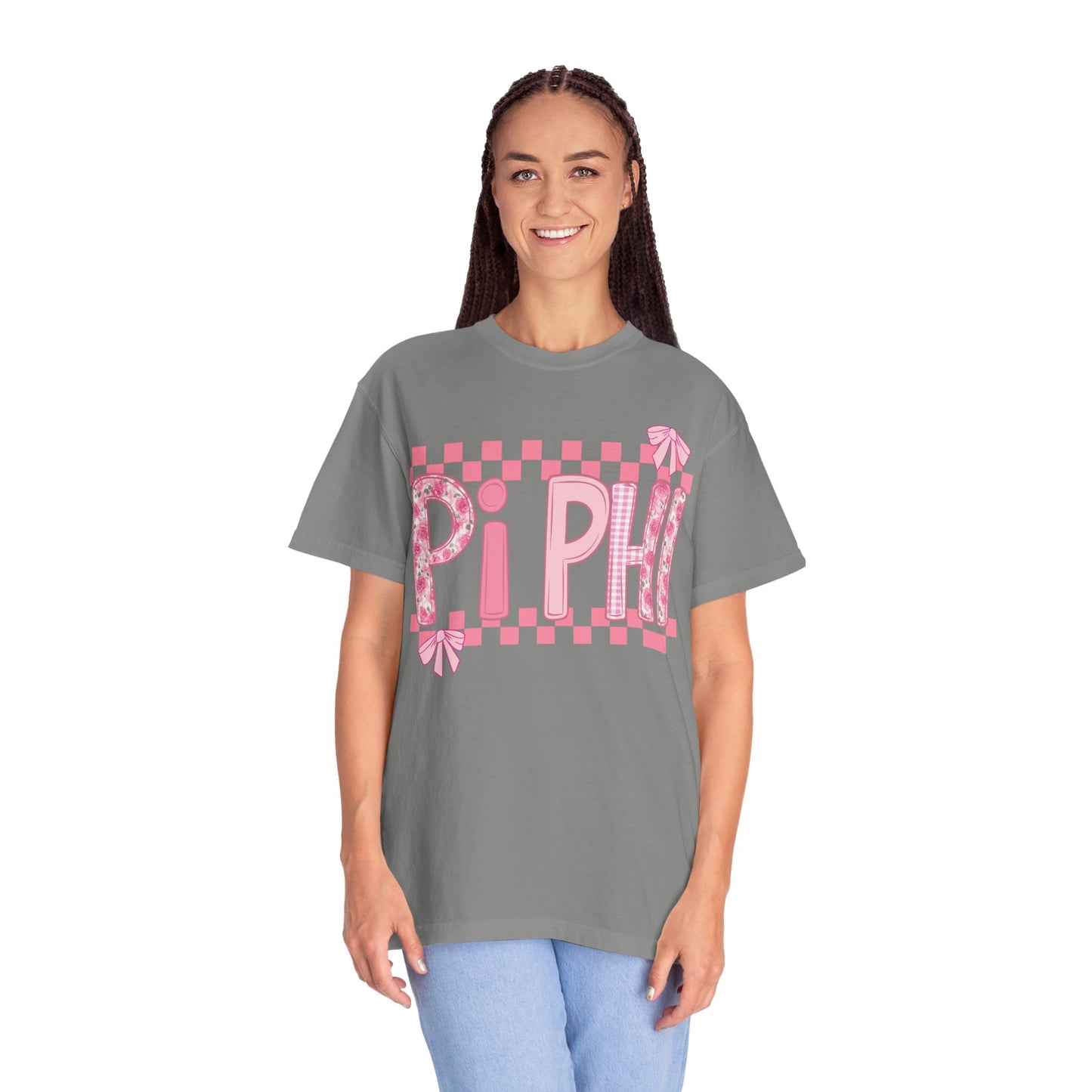 Cute Garment-Dyed T-Shirt for Sorority Sisters, Pi -Checked Style, Perfect for Casual Outings, Sorority Events, Gifts