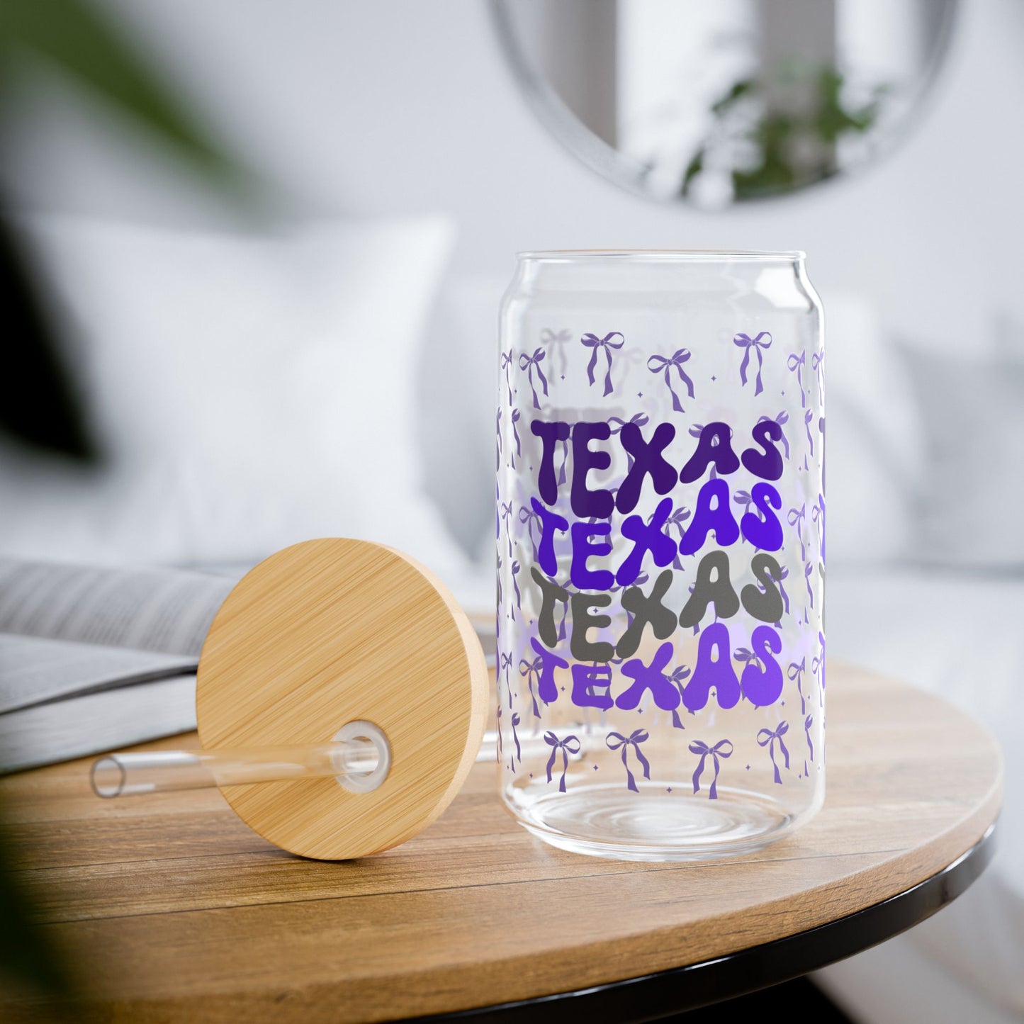 Coquette Bow Tx Horned Sipper Glass, Fun Drinkware for Texas Lovers, Fort Worth Tx, TCU Gift, Graduation Gift, College Student Gift