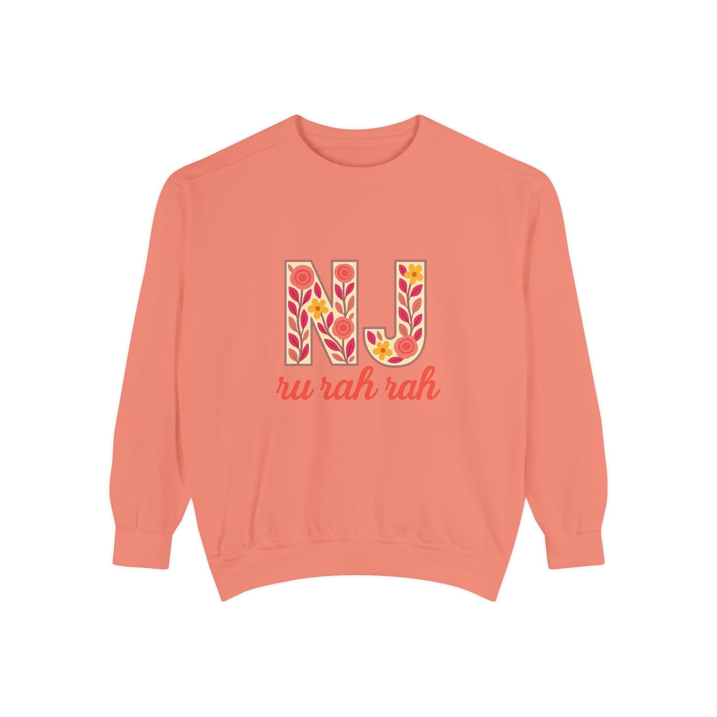Cheerful NJ Garment-Dyed Sweatshirt, Cozy Unisex Pullover for School Spirit, Fall Fashion, Gift for College Students, Relaxed Fit