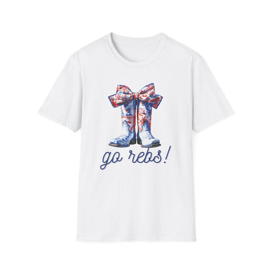 , go Rebs  Cheerful Unisex Softstyle T-Shirt with Bow Design | Gift for Sports Fans, Casual Wear, Team Spirit, Game Day Shirt, Cheerleading Top