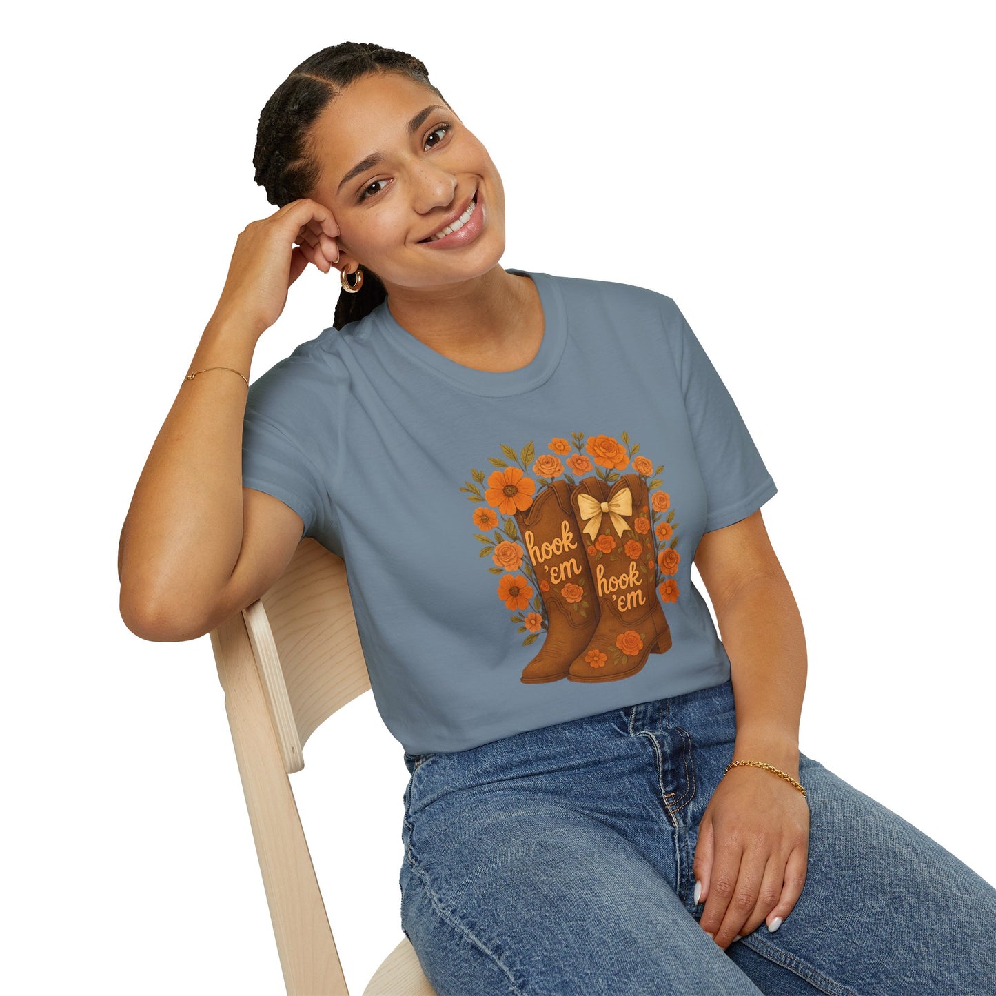 Tx Hook Em Floral Cowboy Boot T-Shirt, Hook 'Em Tee, Autumn Apparel, Country Style, Gift for Her, tx longhorns, texas fan gift, hook em horns, graduation gift, college student gift