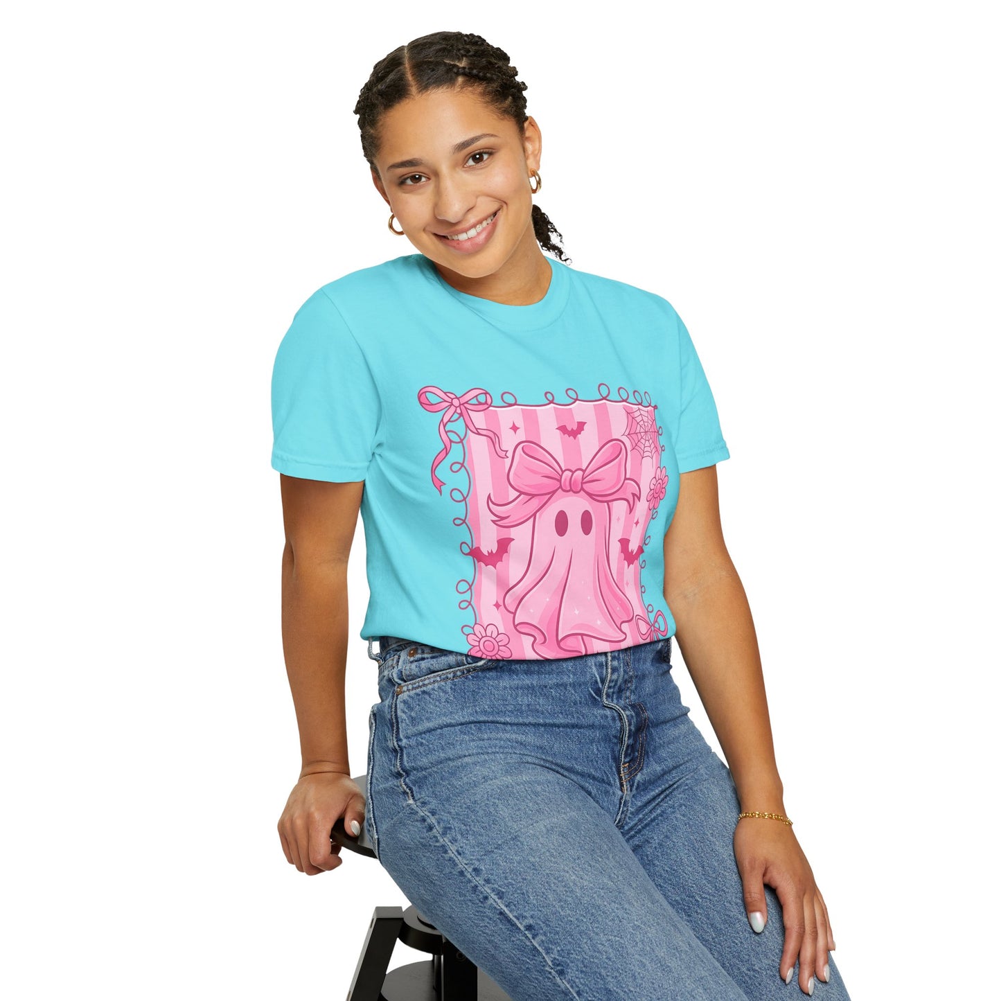 Cute Pink Ghost Graphic T-Shirt, Pink Halloween Tee, Unisex Garment-Dyed Top, Spooky Style for Fall, Trick or Treat Fashion