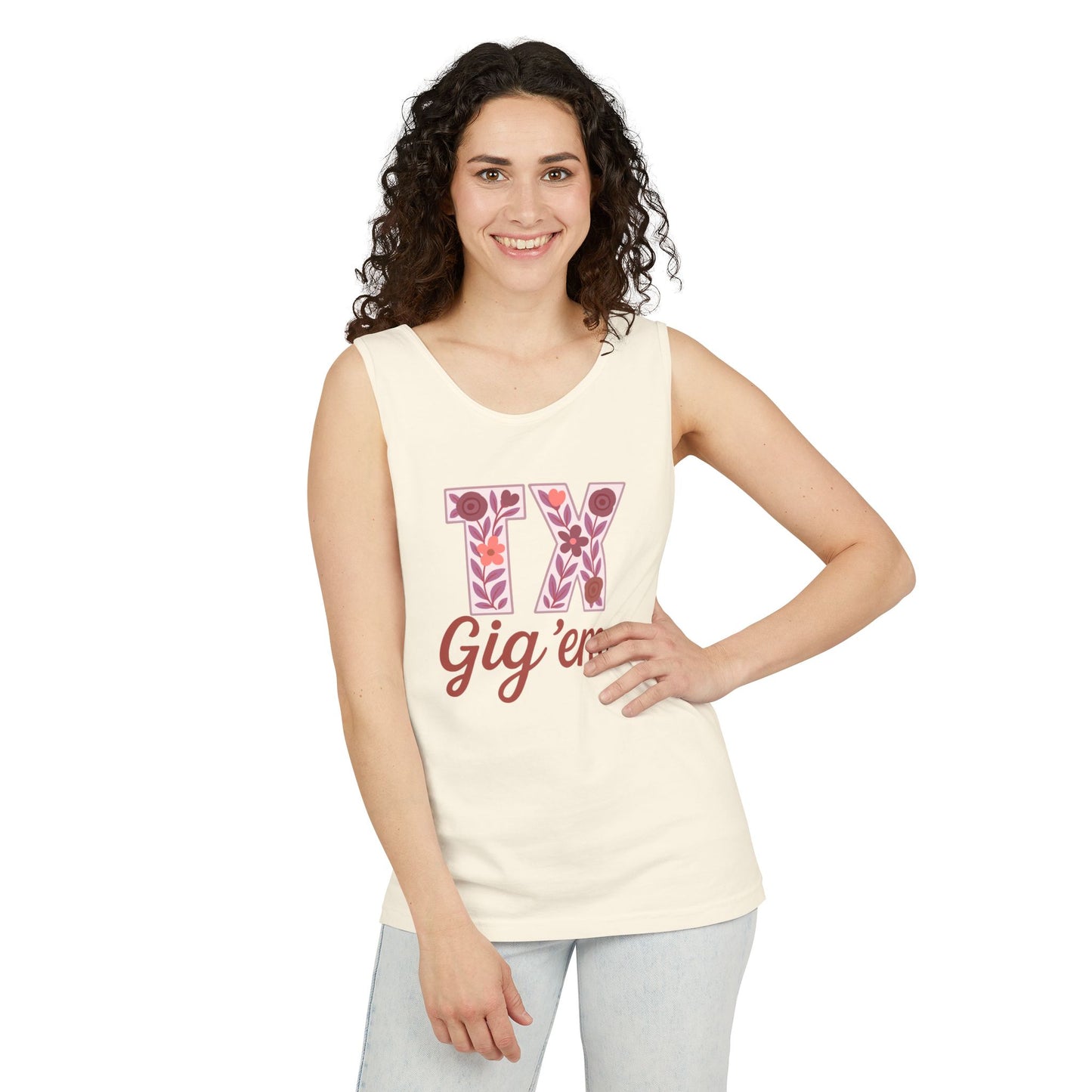 Texas Gig 'Em Tank Top, Unisex Summer Apparel, Cute Floral Design, Perfect for College Fans, Gifts, Comfort Colors, Graduation Gift