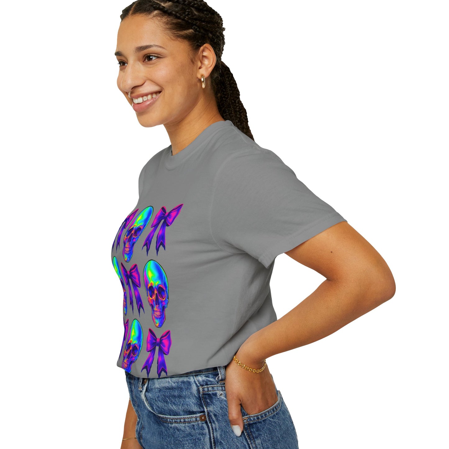 Neon Skull and Bow Unisex T-Shirt | Trendy Graphic Tee for Halloween, Festivals, Casual Wear, Gifts