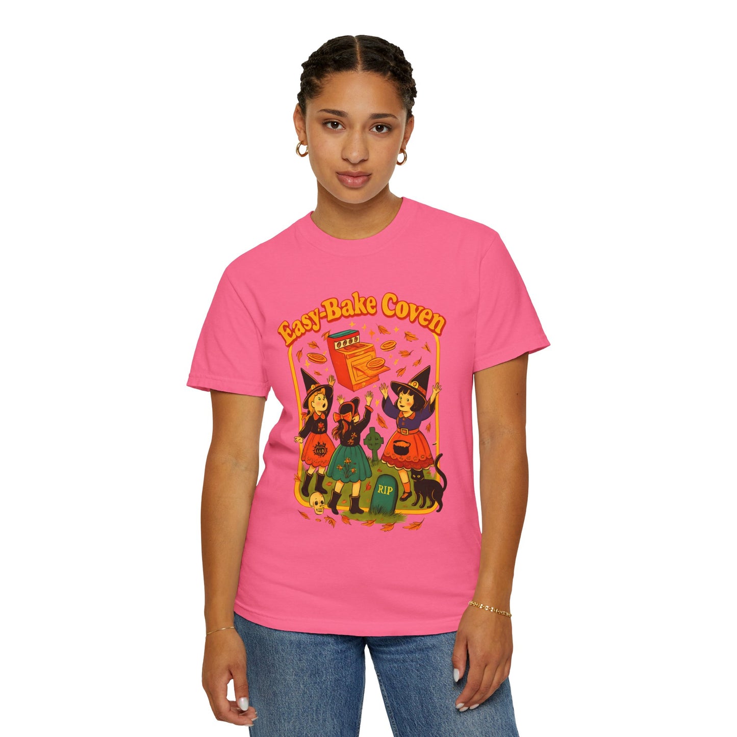 Halloween Witch T-Shirt, Unisex Garment-Dyed Shirt, Easy-Bake Coven Tee, Spooky Season Apparel, Cute Witch Design