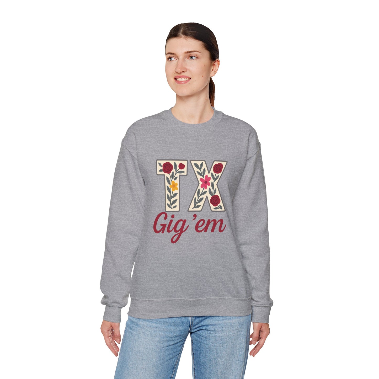 Texas Floral Crewneck Sweatshirt, Cozy Texas Sweatshirt, TX Gig'em Gift, Unisex Sweatshirt for Gamers, Floral Crew Neck for Casual Wear
