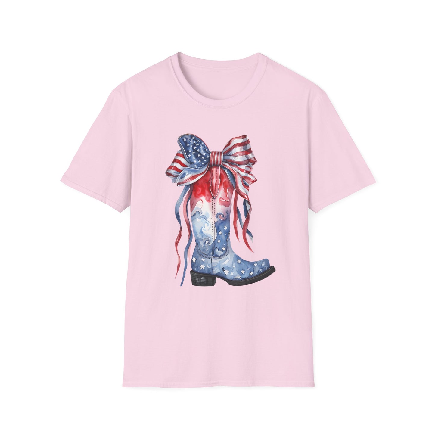 Patriotic Cowboy Boot T-Shirt | Unisex Softstyle Tee for Independence Day