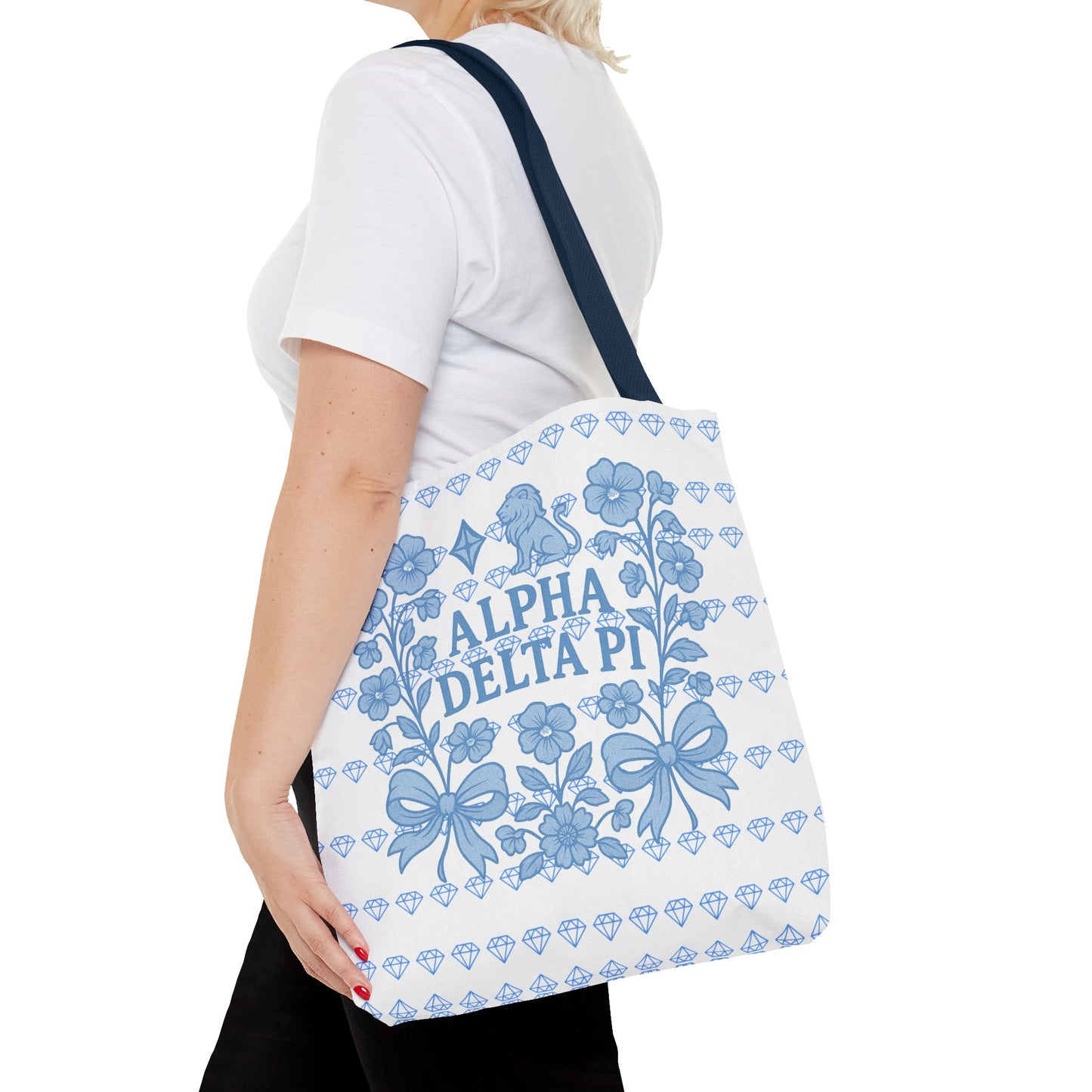 Alpha Delta Pi Floral Tote Bag - Stylish Sorority Accessory, Gift for College Students, Everyday Use, Blue Floral Design, AOP Style