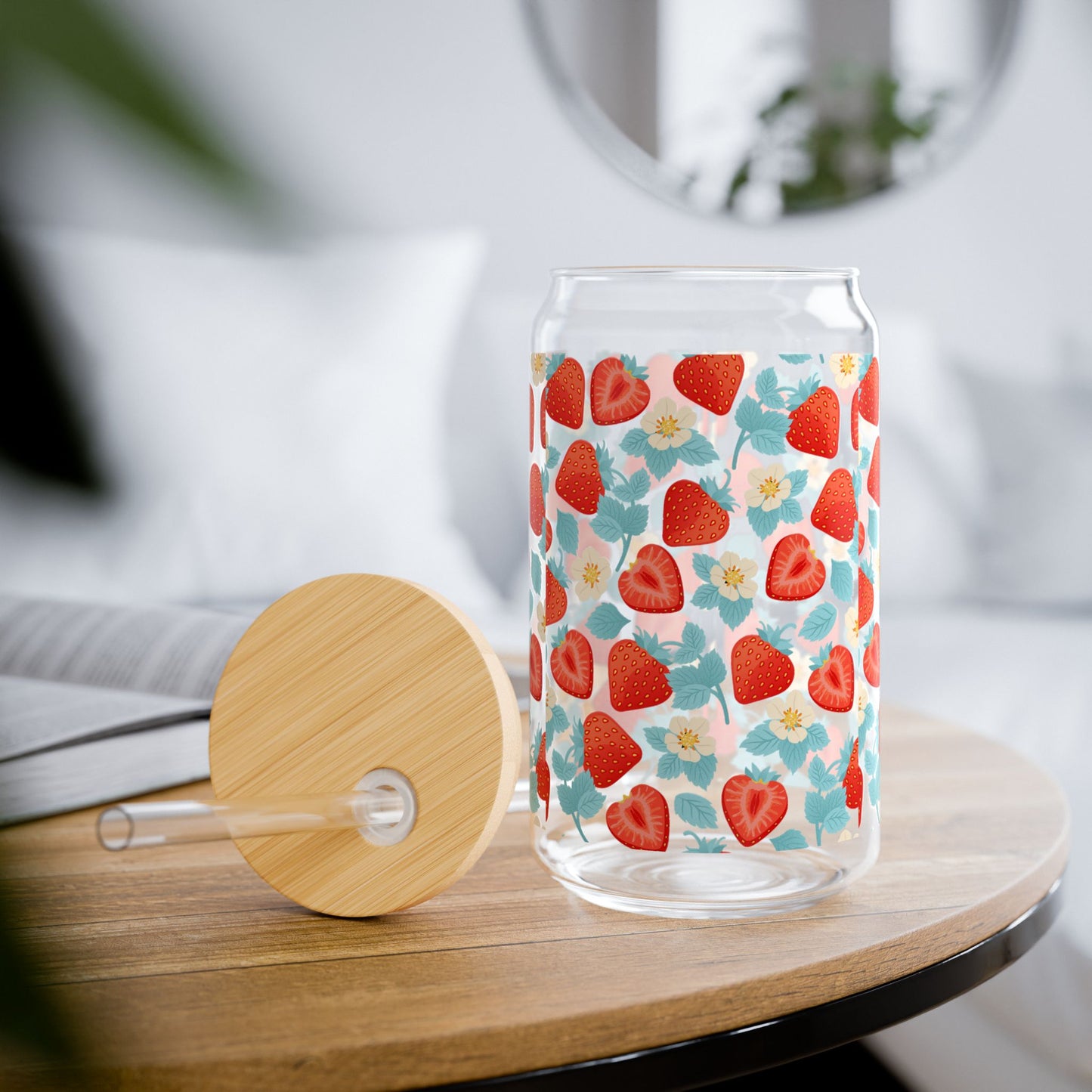 Strawberry Floral Sipper Glass, Eco-Friendly Drinkware for Summer, Mason Jar Style, Perfect for Picnics, Gifts, Home Decor