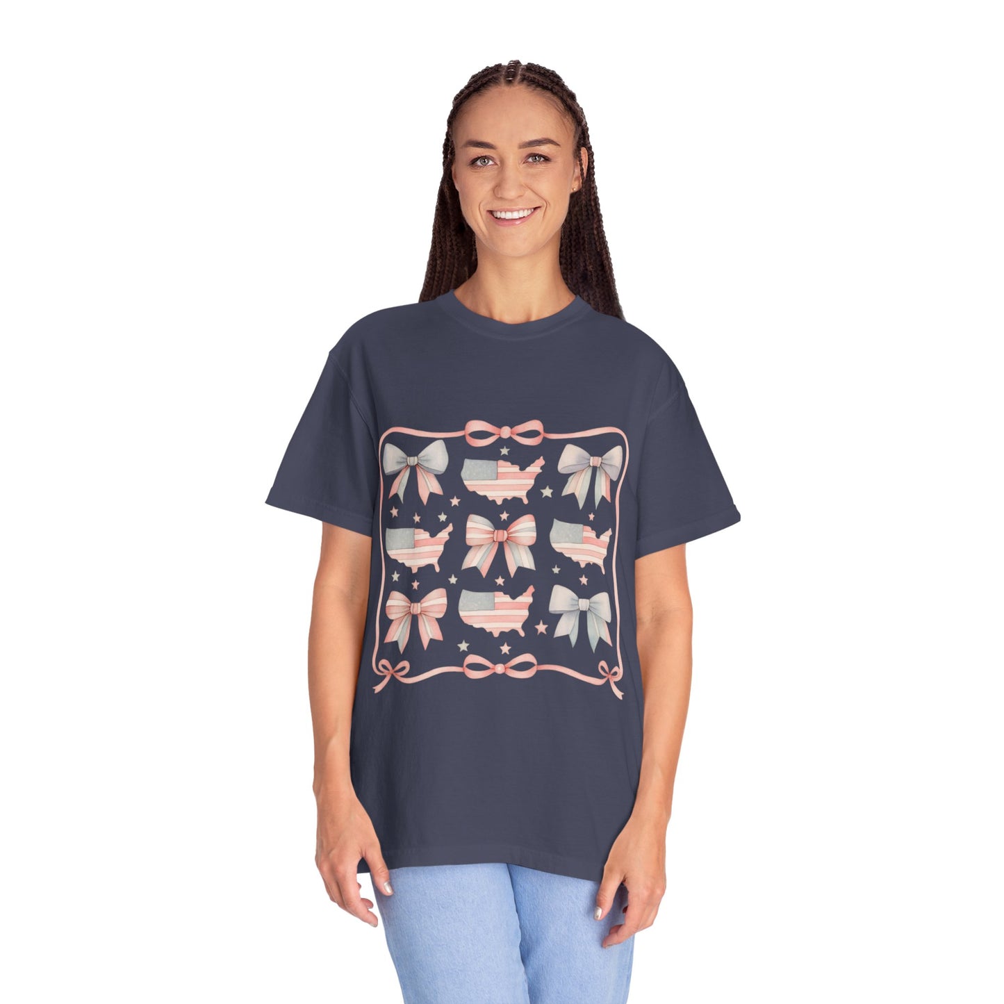 America Coquette Cute Bow Pattern Comfort Colors Unisex T-Shirt - 4th of July USA Celebration
