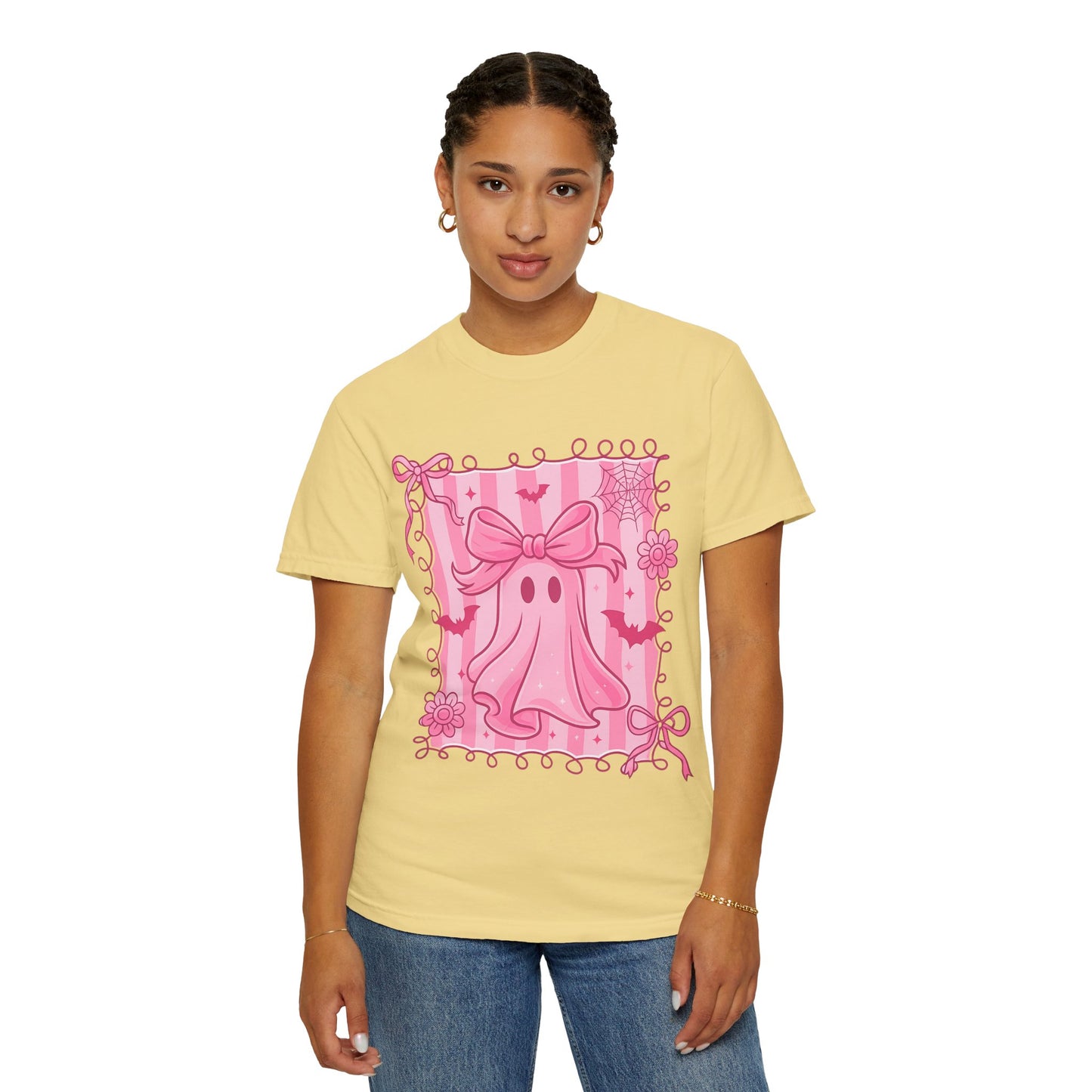 Cute Pink Ghost Graphic T-Shirt, Pink Halloween Tee, Unisex Garment-Dyed Top, Spooky Style for Fall, Trick or Treat Fashion