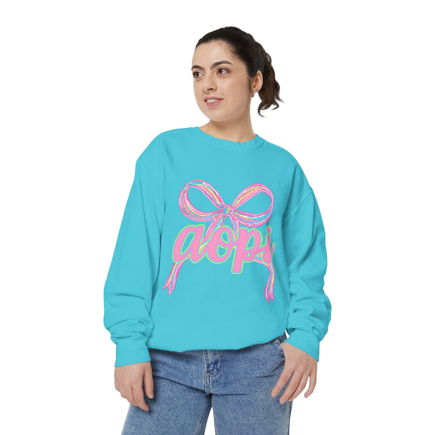 Pastel Bow Sweatshirt with aopi Design, Cozy Unisex Sweatshirt, Gift for Sorority Sisters, Casual Chic Apparel, Best Friend Outfit