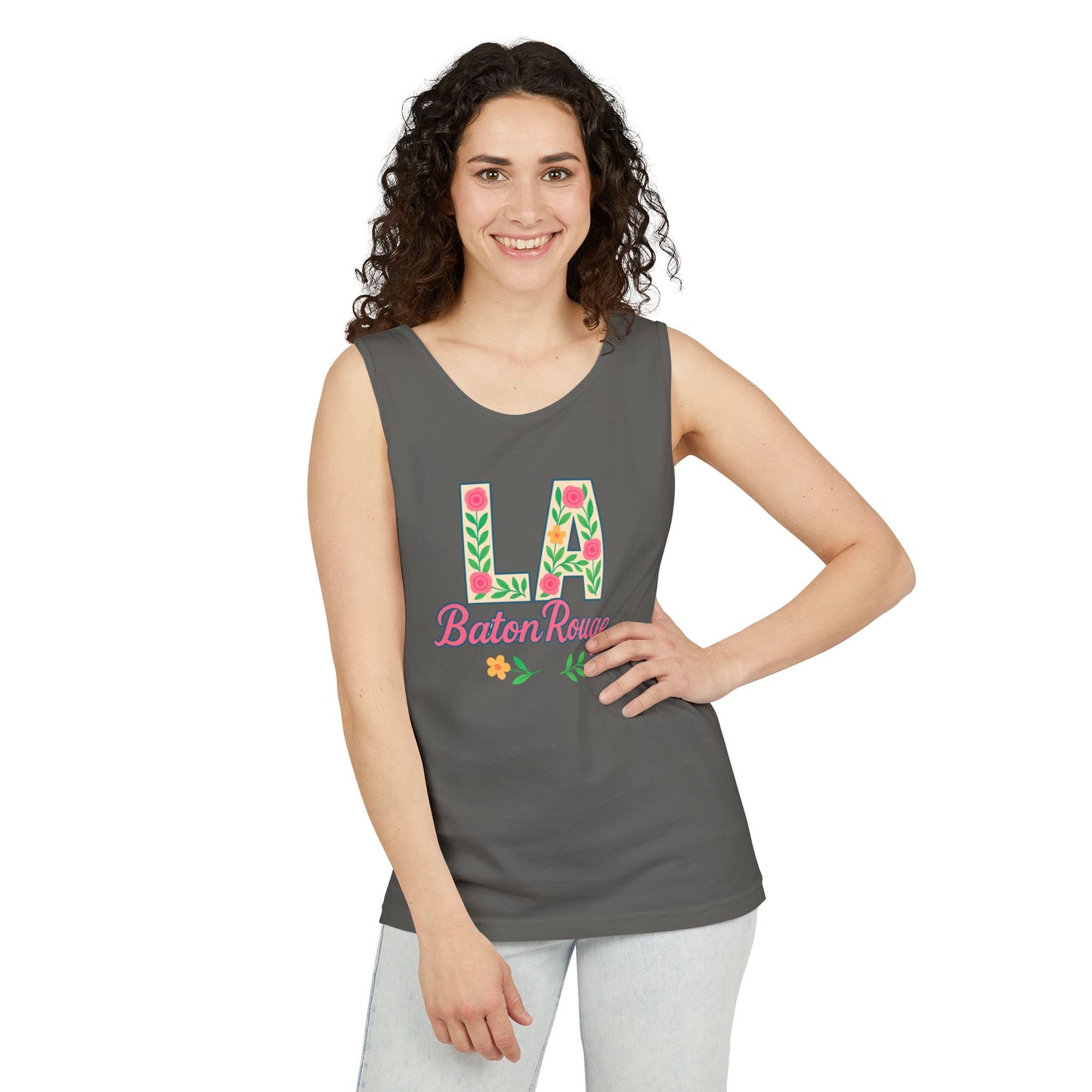 LA Baton Rouge Floral Tank Top, Summer Vibes, Unisex Apparel, Gift for Friends, Vacation Outfit, Spring/Summer Wear, Comfort Colors, Graduation Gift
