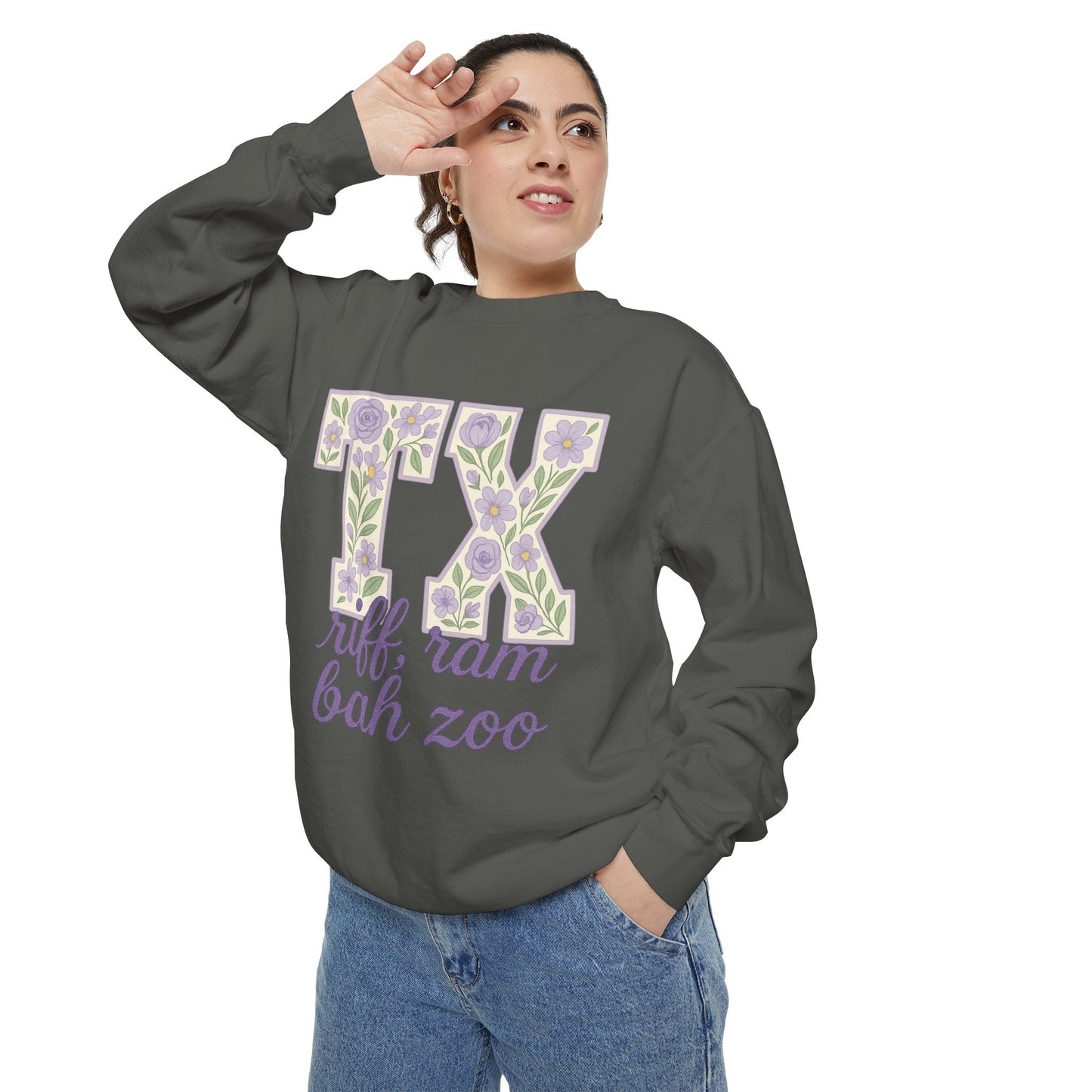 TCU Floral TX Sweatshirt - Unisex Garment-Dyed, Cozy Casual Wear, Texas Pride, Gift for Friends, College Apparel, Spring Outfits