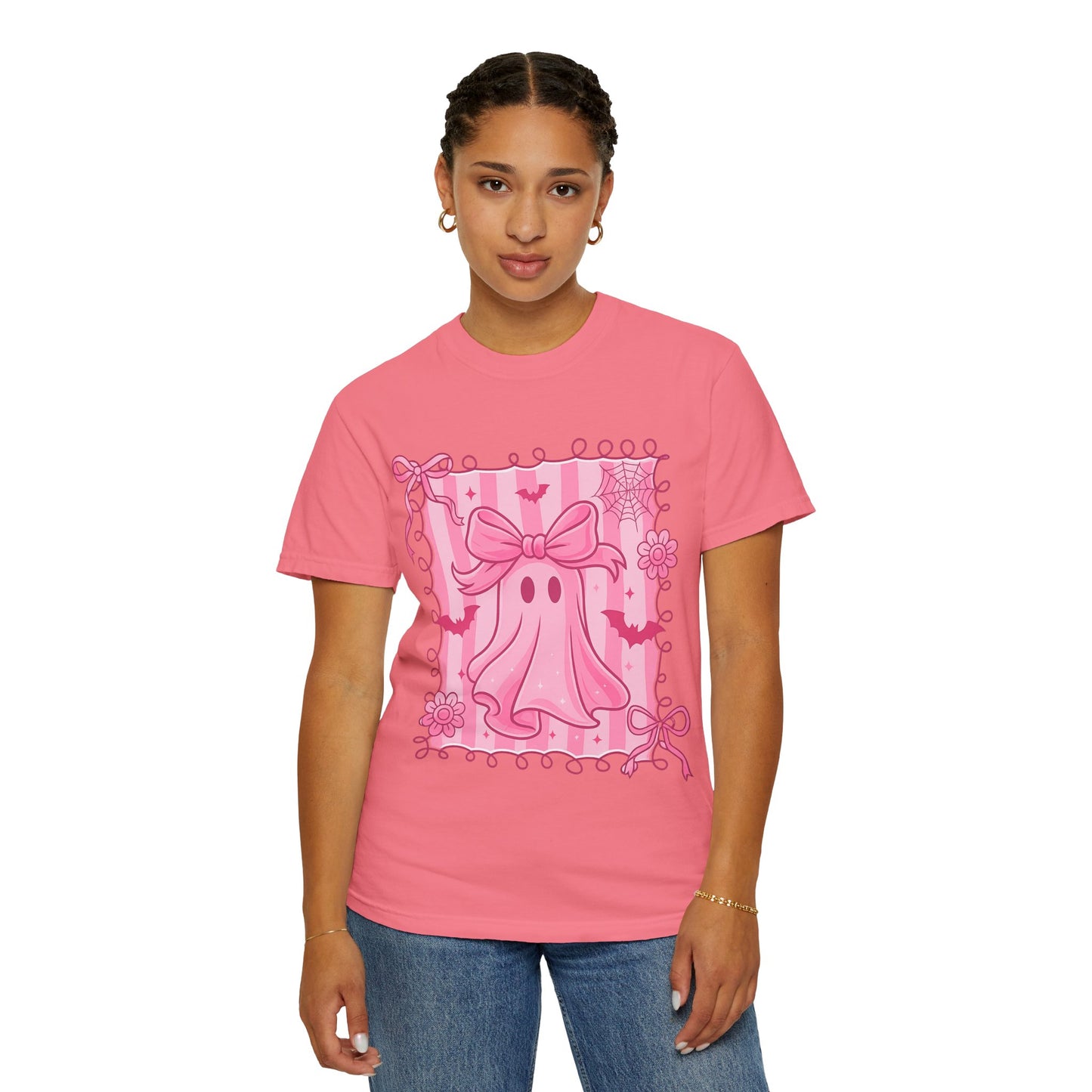 Cute Pink Ghost Graphic T-Shirt, Pink Halloween Tee, Unisex Garment-Dyed Top, Spooky Style for Fall, Trick or Treat Fashion