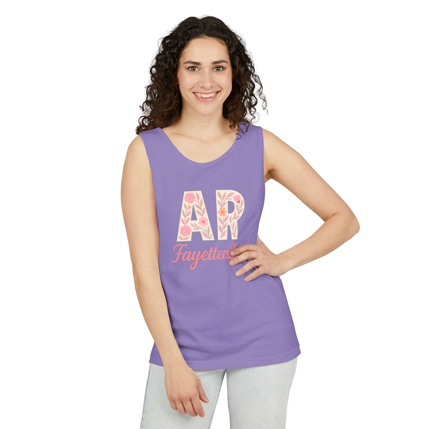 Fayetteville Floral Tank Top, Casual Summer Top, Gift for Her, Travel Apparel, Arkansas Style, Arkansas Student Gift, Graduation Gift, Comfort Colors