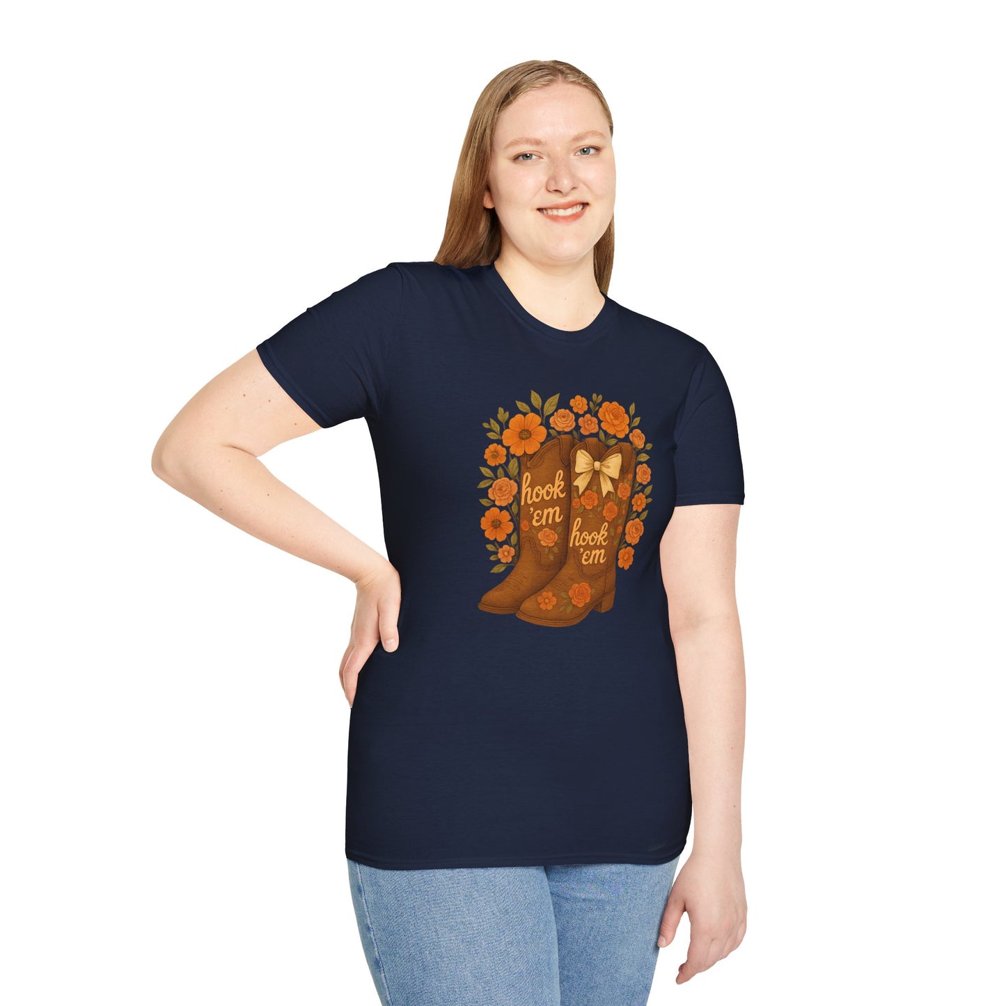 Tx Hook Em Floral Cowboy Boot T-Shirt, Hook 'Em Tee, Autumn Apparel, Country Style, Gift for Her, tx longhorns, texas fan gift, hook em horns, graduation gift, college student gift