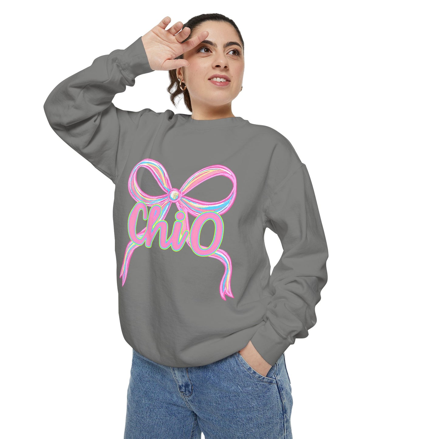 CHIO Chic Bow Graphic Unisex Garment-Dyed Sweatshirt, Cozy Pullover, Fashionable Gift, Casual Outfit, Spring Style, Trendy Apparel