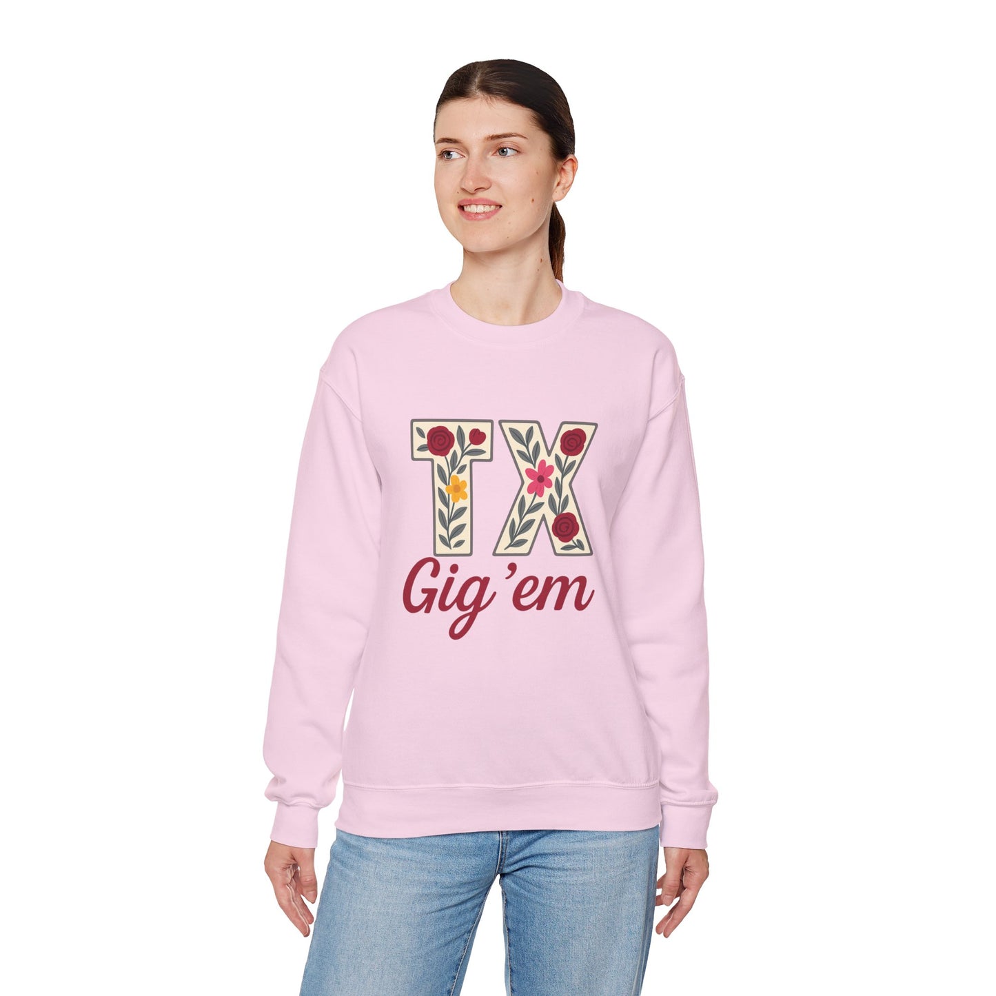 Texas Floral Crewneck Sweatshirt, Cozy Texas Sweatshirt, TX Gig'em Gift, Unisex Sweatshirt for Gamers, Floral Crew Neck for Casual Wear