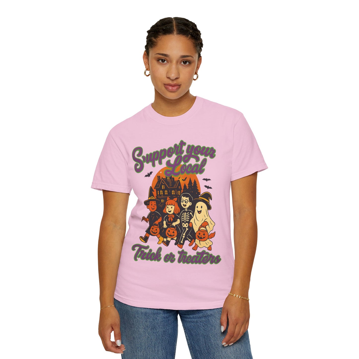 Halloween Support T-Shirt, Youth Trick or Treat Shirt, Garment-Dyed Tee for Kids, Spooky Season Apparel, Holiday Party Top, Fun Costume Wear
