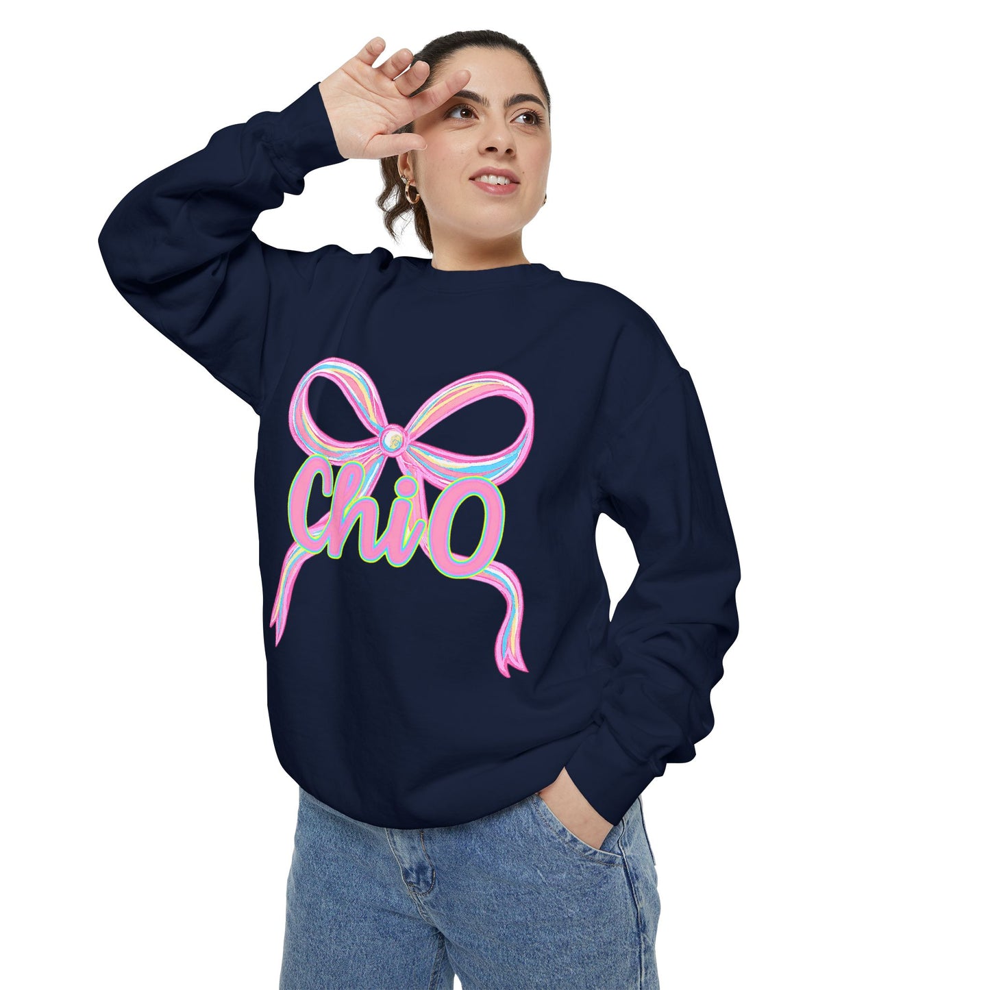 CHIO Chic Bow Graphic Unisex Garment-Dyed Sweatshirt, Cozy Pullover, Fashionable Gift, Casual Outfit, Spring Style, Trendy Apparel