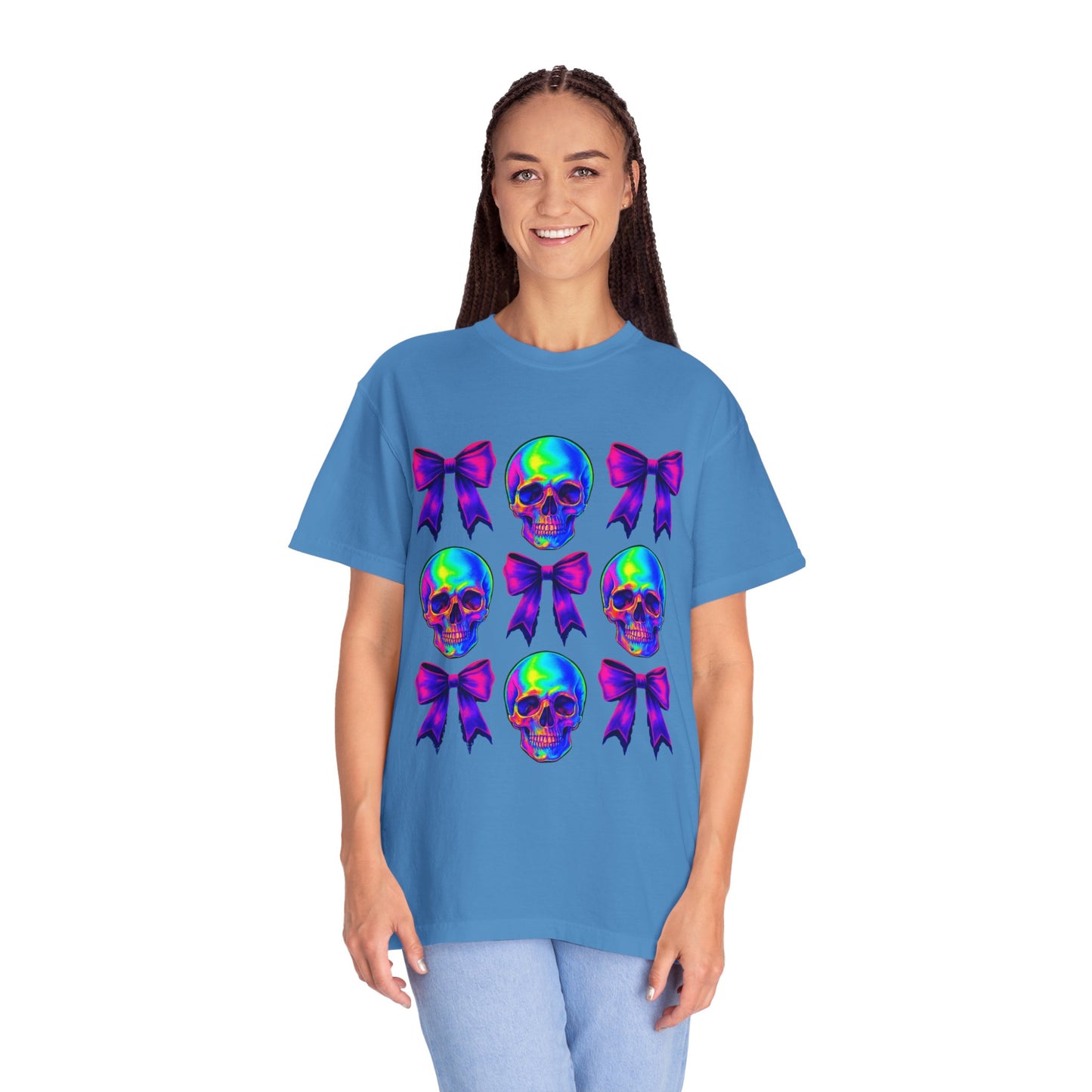 Neon Skull and Bow Unisex T-Shirt | Trendy Graphic Tee for Halloween, Festivals, Casual Wear, Gifts