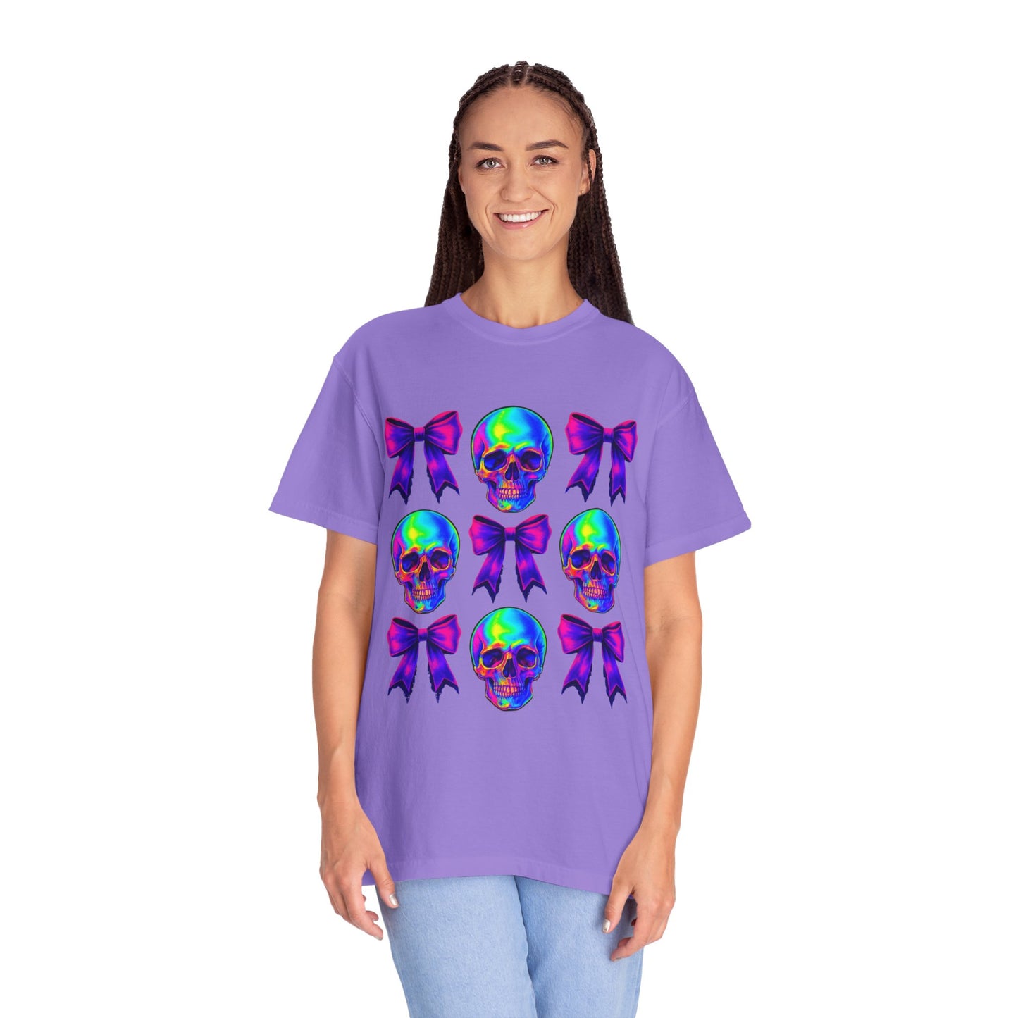 Neon Skull and Bow Unisex T-Shirt | Trendy Graphic Tee for Halloween, Festivals, Casual Wear, Gifts