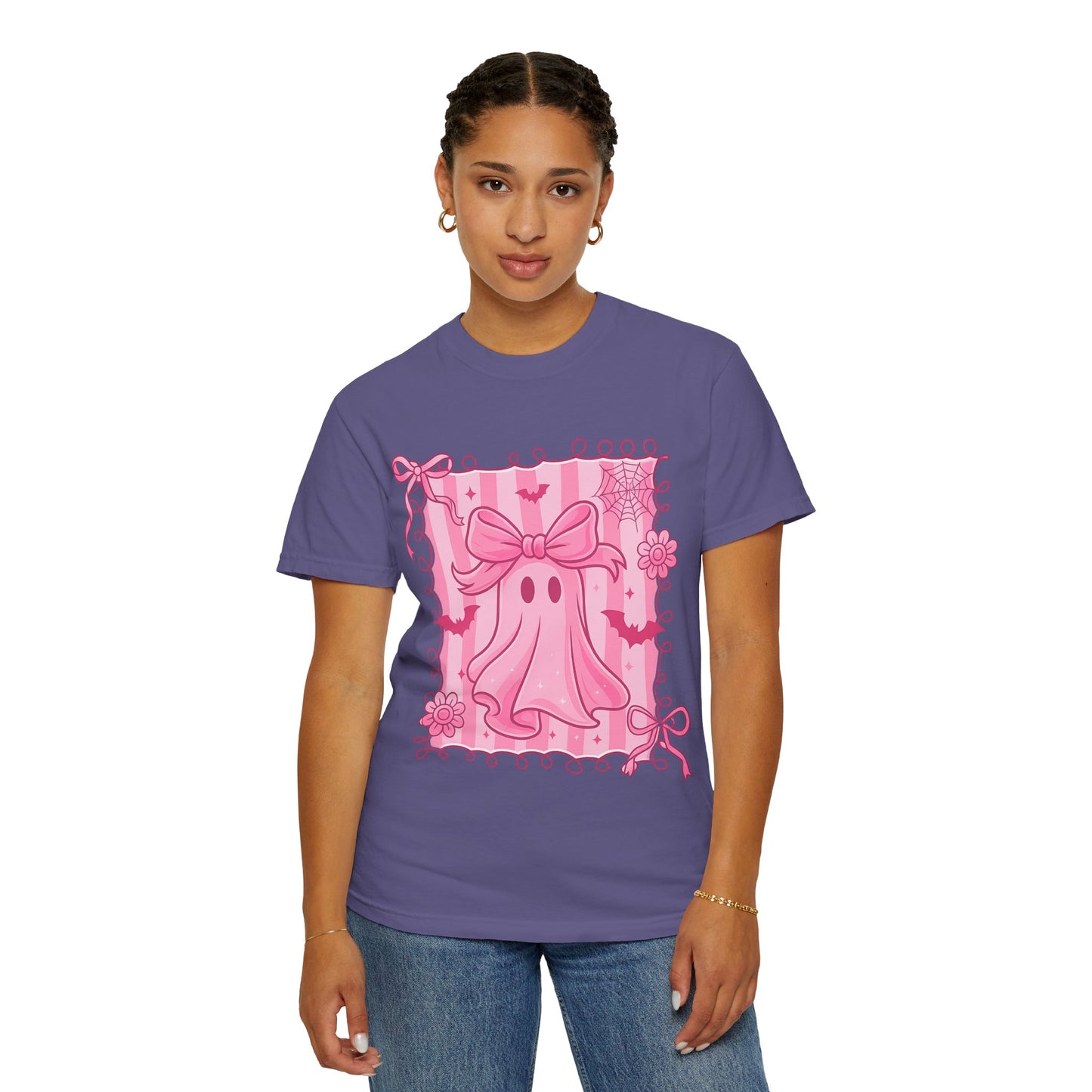 Cute Pink Ghost Graphic T-Shirt, Pink Halloween Tee, Unisex Garment-Dyed Top, Spooky Style for Fall, Trick or Treat Fashion