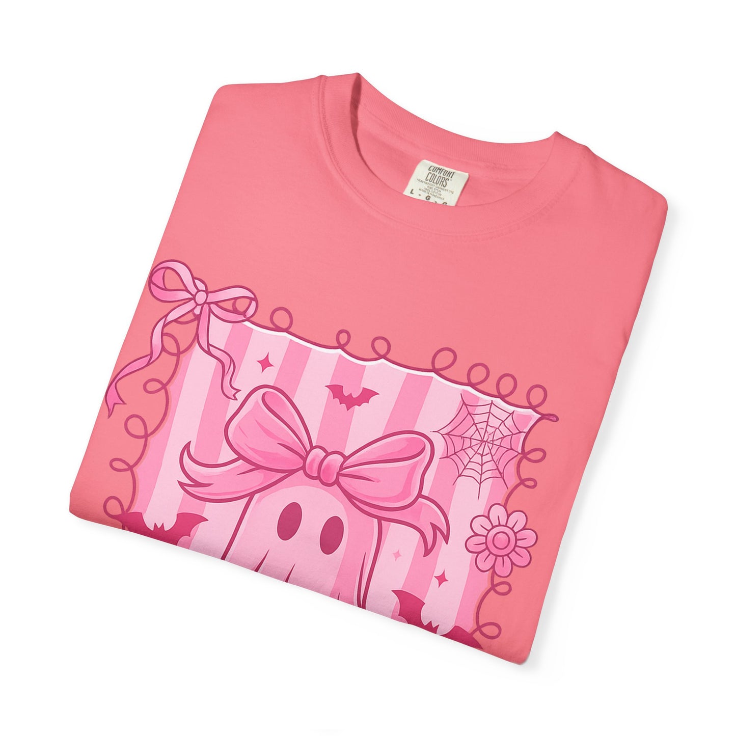 Cute Pink Ghost Graphic T-Shirt, Pink Halloween Tee, Unisex Garment-Dyed Top, Spooky Style for Fall, Trick or Treat Fashion