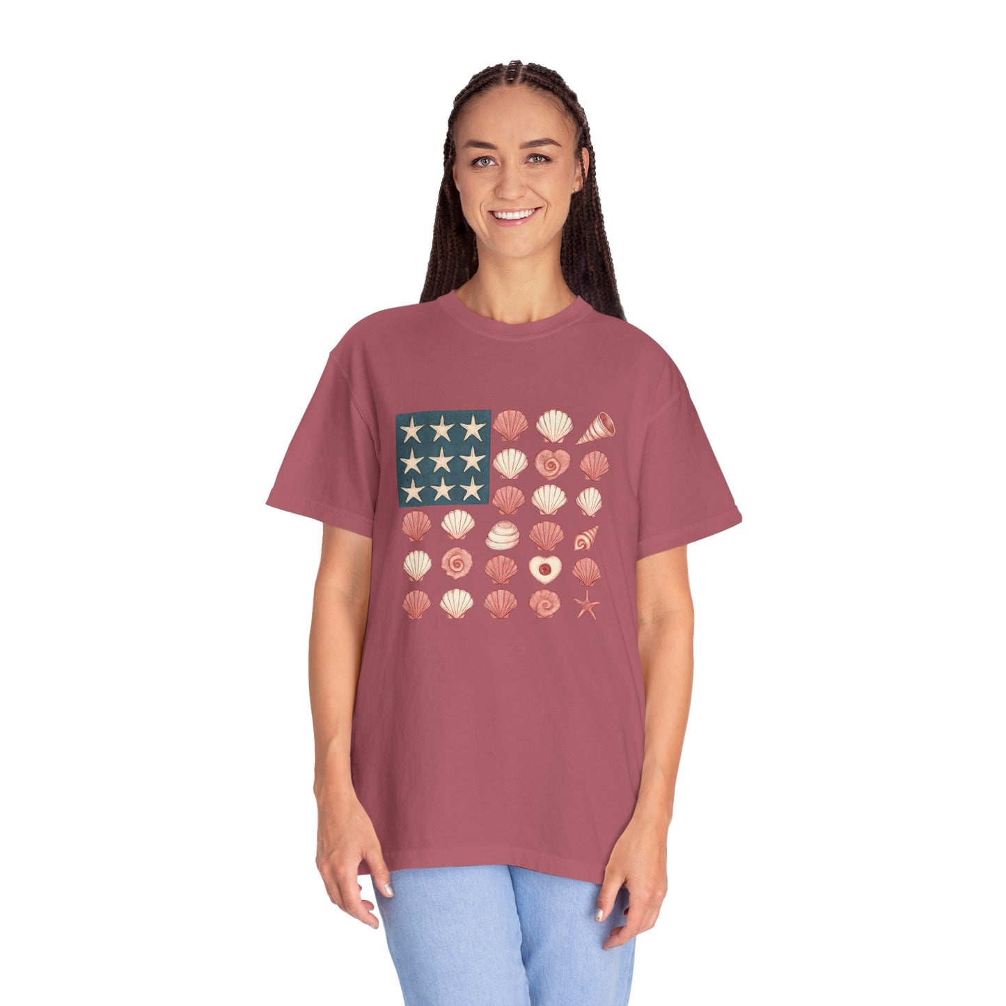 Comfort Colors-Seashell Flag T-Shirt, Unisex, American Flag, Beach Vibes, Nautical Gift, Summer Vibes, July 4th
