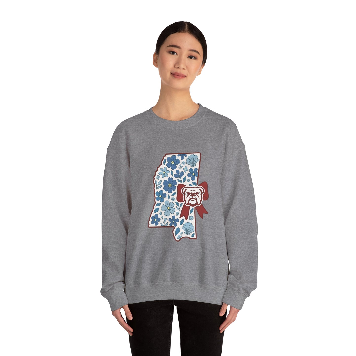 Mississippi Flower Bulldog Crewneck Sweatshirt, Cozy Sweatshirt for Fall, Gift for Dog Lovers, College Apparel, Casual Fashion