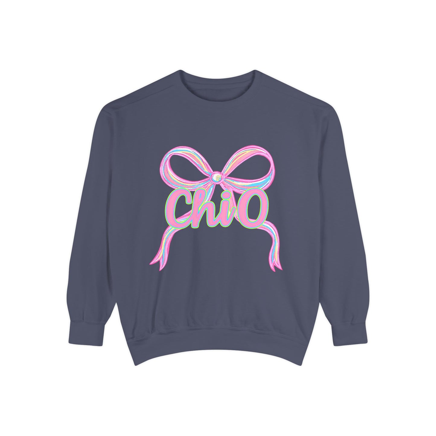 CHIO Chic Bow Graphic Unisex Garment-Dyed Sweatshirt, Cozy Pullover, Fashionable Gift, Casual Outfit, Spring Style, Trendy Apparel