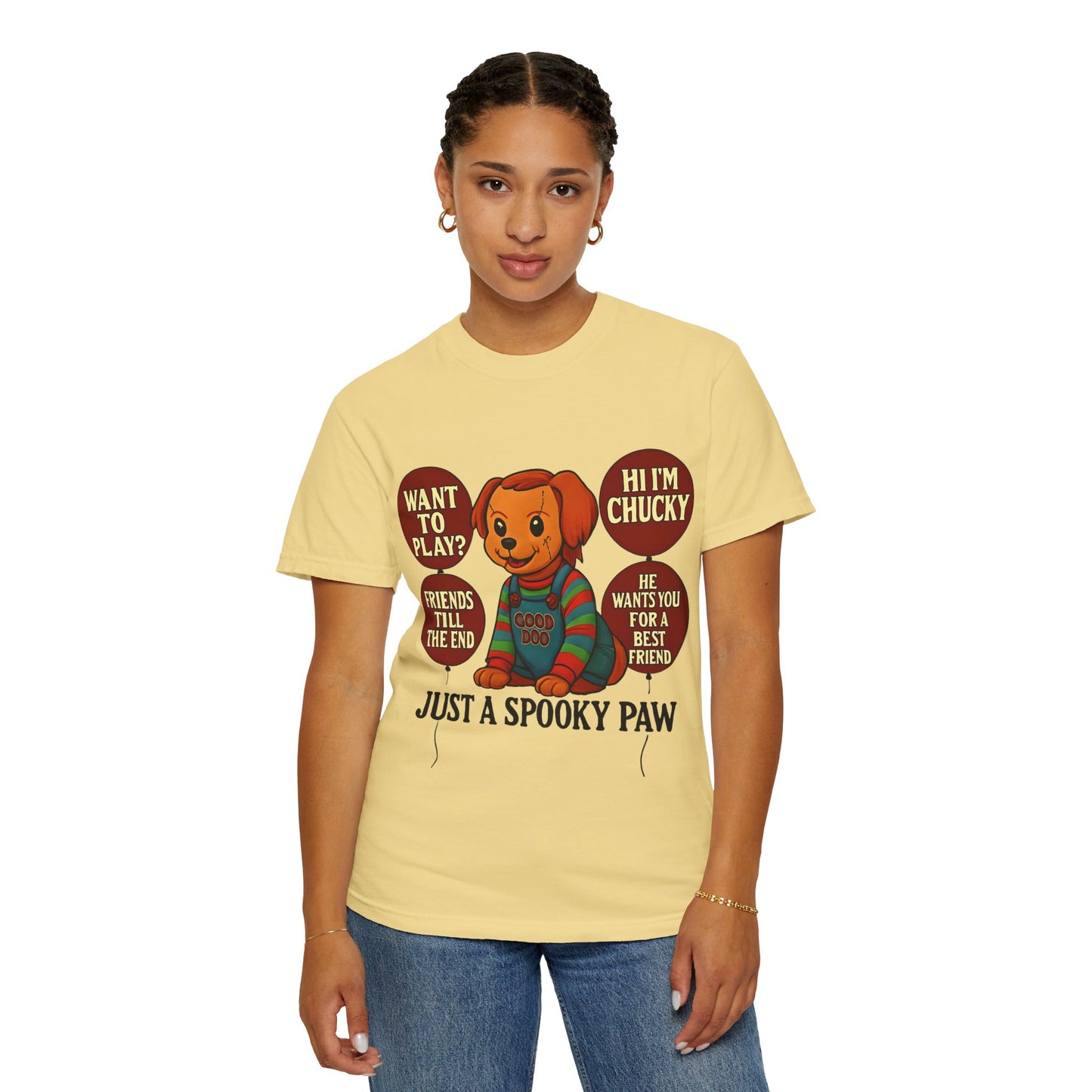 Spooky Graphic T-shirt, Halloween Costume Top, Unisex Tee, Funny Chucky Shirt, Gift for Horror Fans, Cute Spooky Apparel