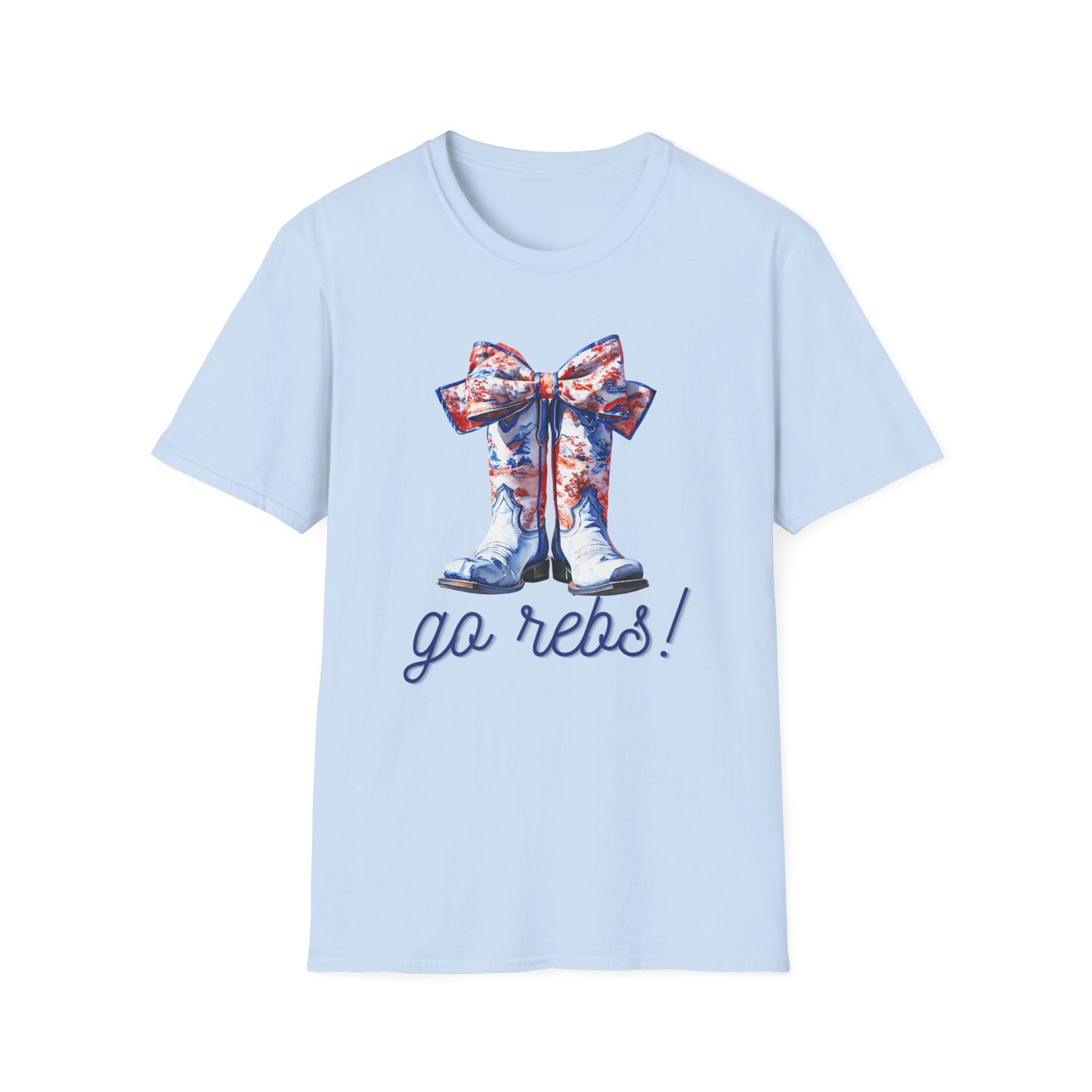 , go Rebs Cheerful Unisex Softstyle T-Shirt with Bow Design | Gift for Sports Fans, Casual Wear, Team Spirit, Game Day Shirt, Cheerleading Top