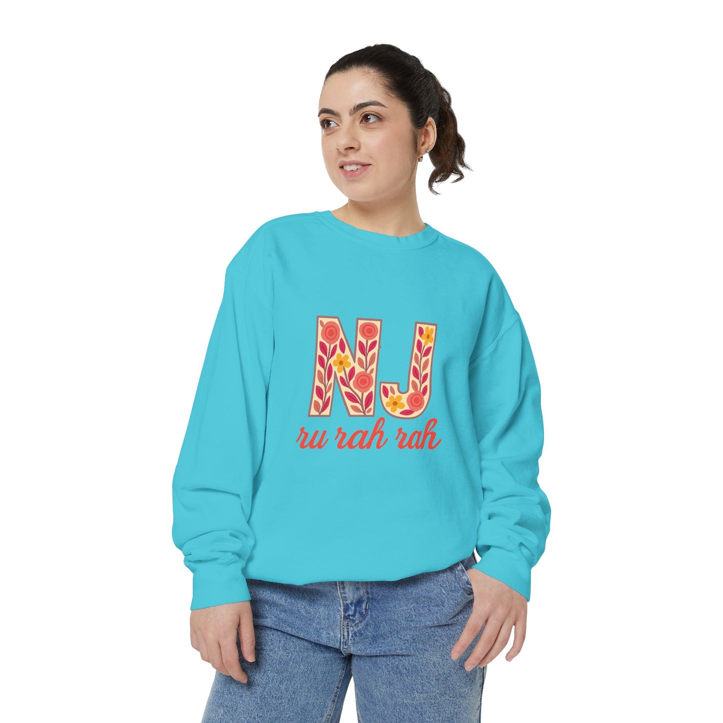Cheerful NJ Garment-Dyed Sweatshirt, Cozy Unisex Pullover for School Spirit, Fall Fashion, Gift for College Students, Relaxed Fit
