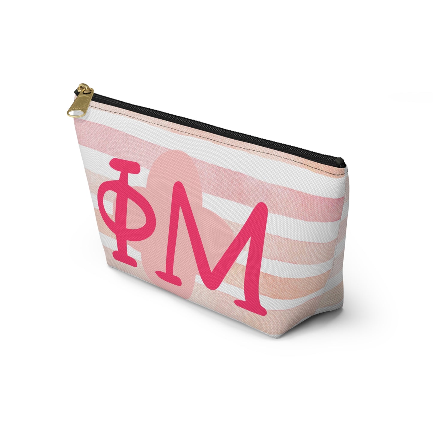 PHI mu Chic Accessory Pouch for Sorority Sisters, Cosmetic Bag, Makeup Organizer, Gift for College Graduates, Pink Stripes