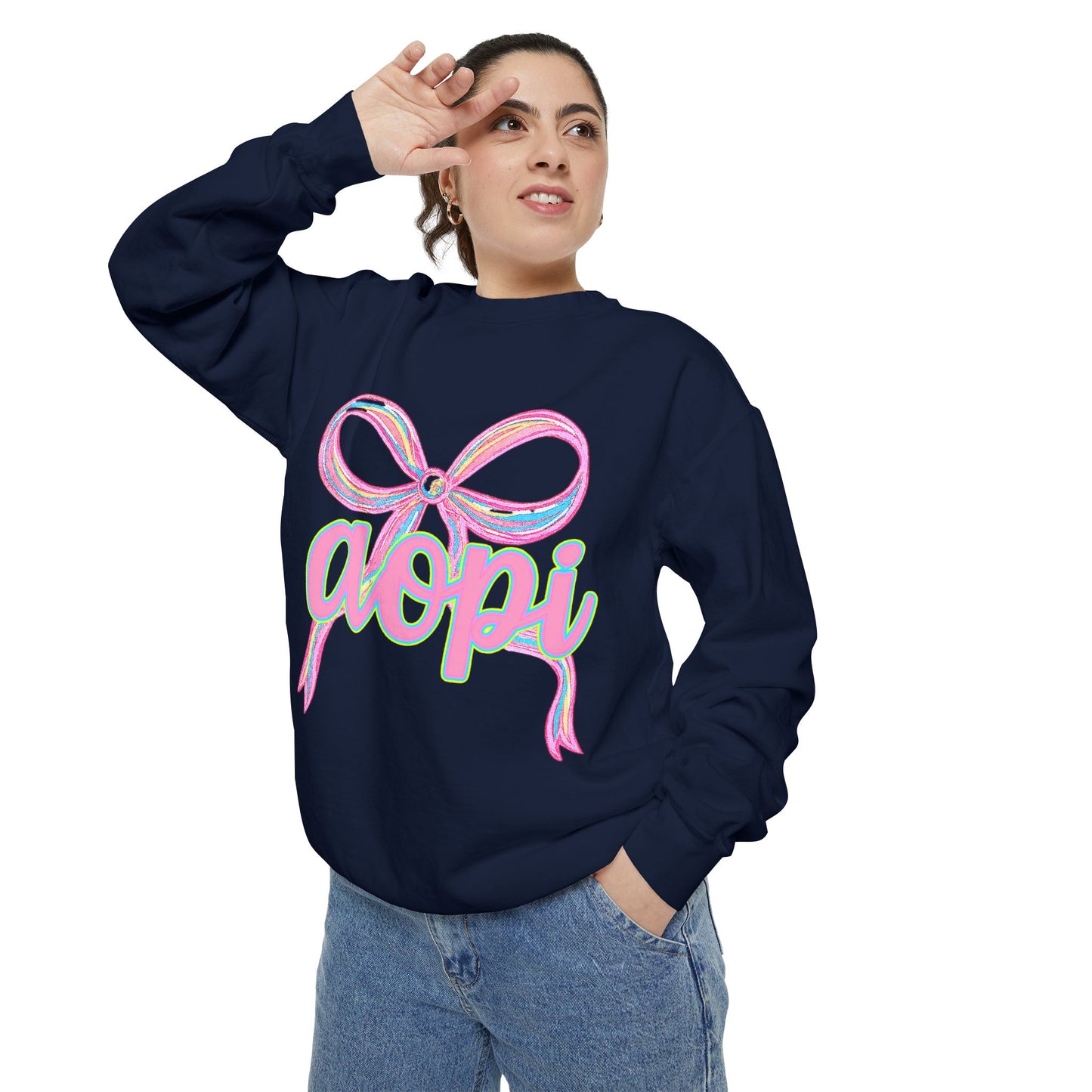Pastel Bow Sweatshirt with aopi Design, Cozy Unisex Sweatshirt, Gift for Sorority Sisters, Casual Chic Apparel, Best Friend Outfit