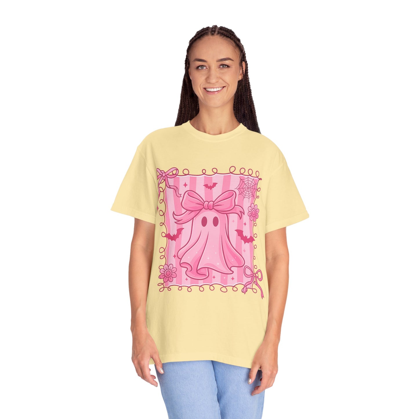 Cute Pink Ghost Graphic T-Shirt, Pink Halloween Tee, Unisex Garment-Dyed Top, Spooky Style for Fall, Trick or Treat Fashion