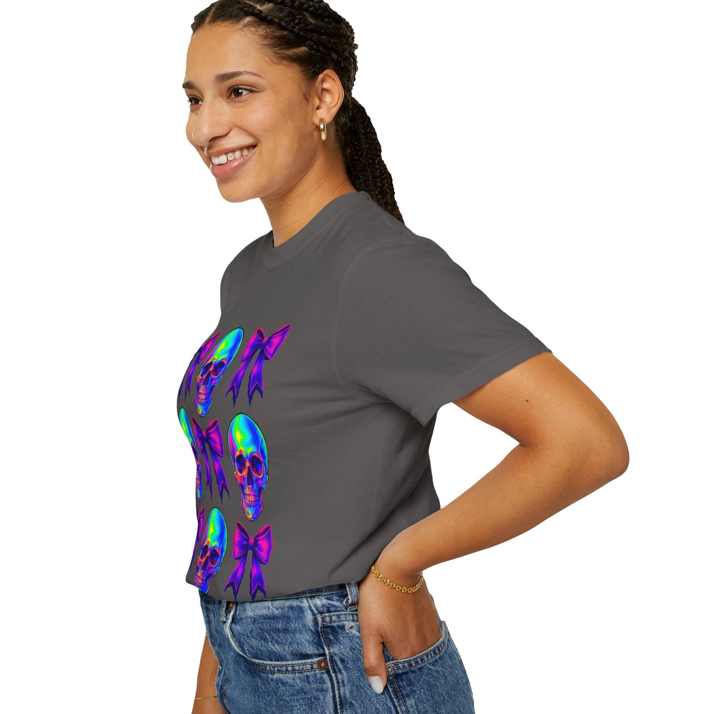 Neon Skull and Bow Unisex T-Shirt | Trendy Graphic Tee for Halloween, Festivals, Casual Wear, Gifts