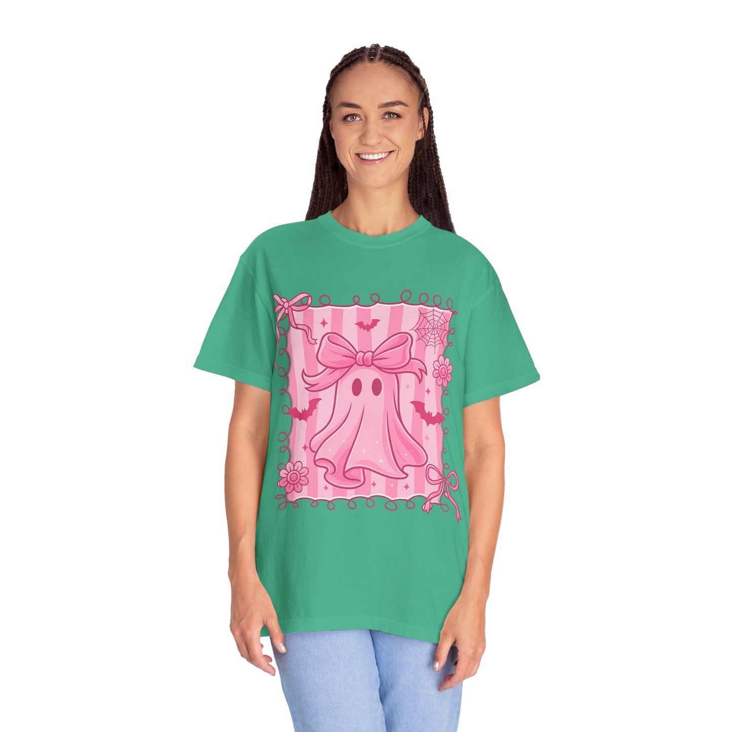 Cute Pink Ghost Graphic T-Shirt, Pink Halloween Tee, Unisex Garment-Dyed Top, Spooky Style for Fall, Trick or Treat Fashion