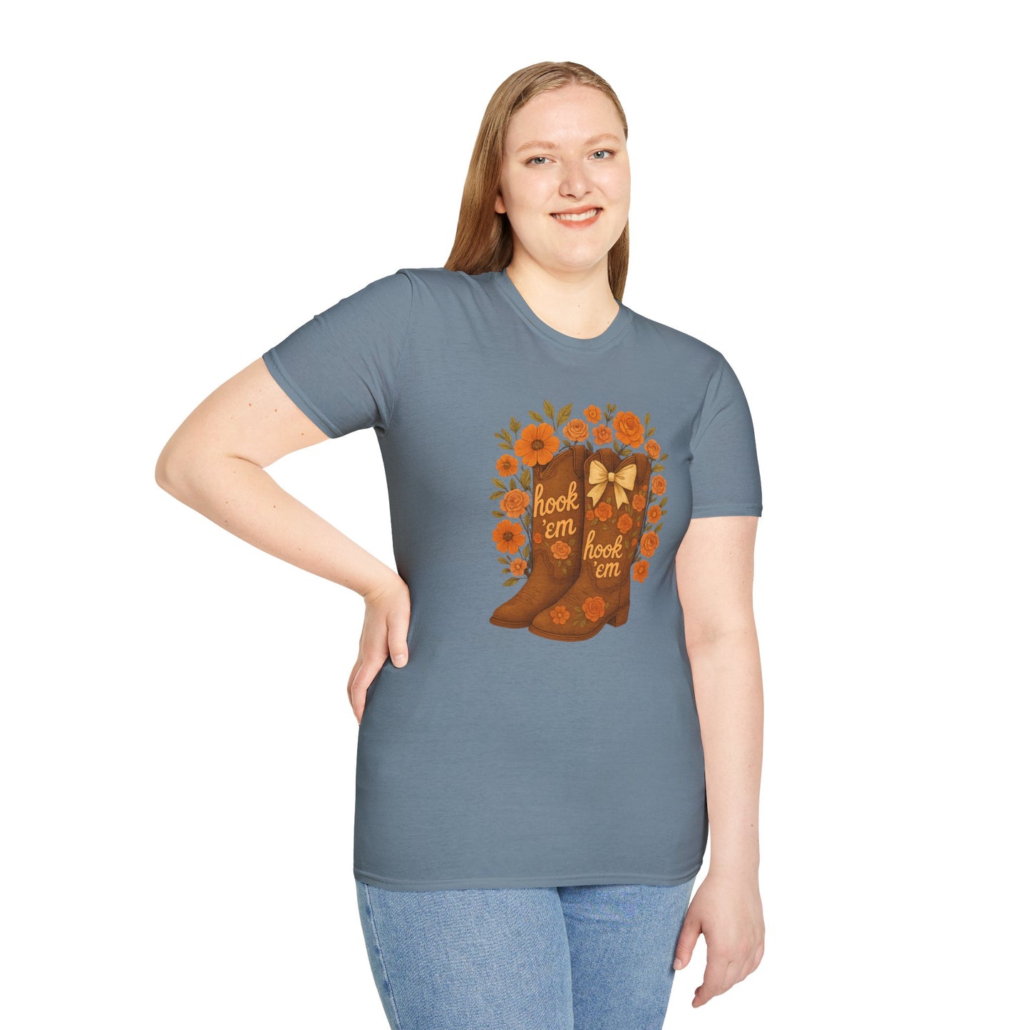 Tx Hook Em Floral Cowboy Boot T-Shirt, Hook 'Em Tee, Autumn Apparel, Country Style, Gift for Her, tx longhorns, texas fan gift, hook em horns, graduation gift, college student gift