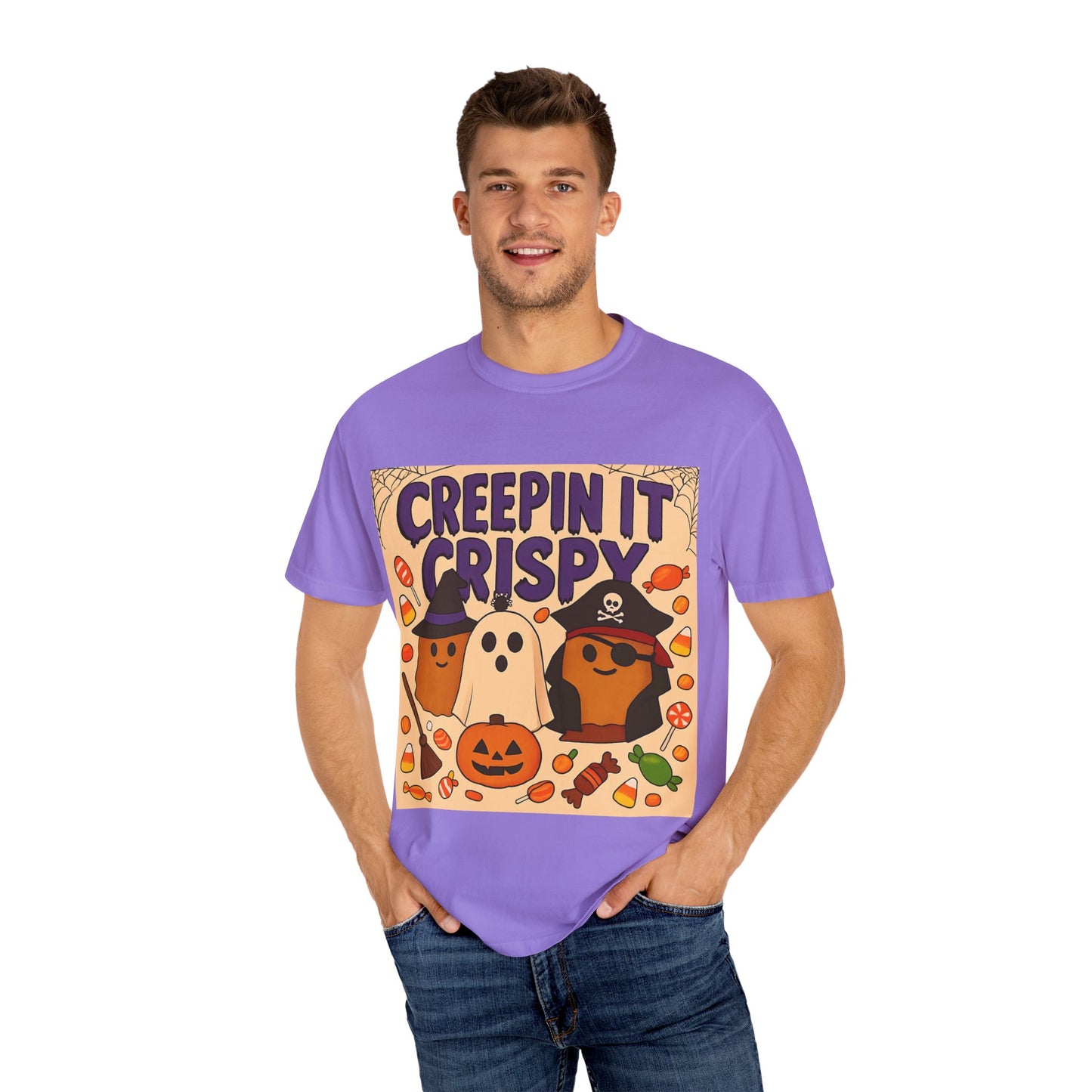 Halloween Themed T-Shirt, Creepin It Crispy T-Shirt, Unisex Shirt for Fall, Cute Halloween Tee, Festive Ghost & Candy Design