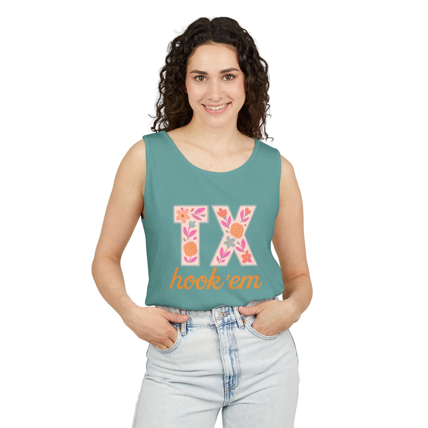 Texas Floral Hook 'Em Unisex Tank Top, Summer Vibe, Casual Wear, College Gear, Gift for Graduates, Texas Pride Apparel, Comfort Colors, Graduation Gift