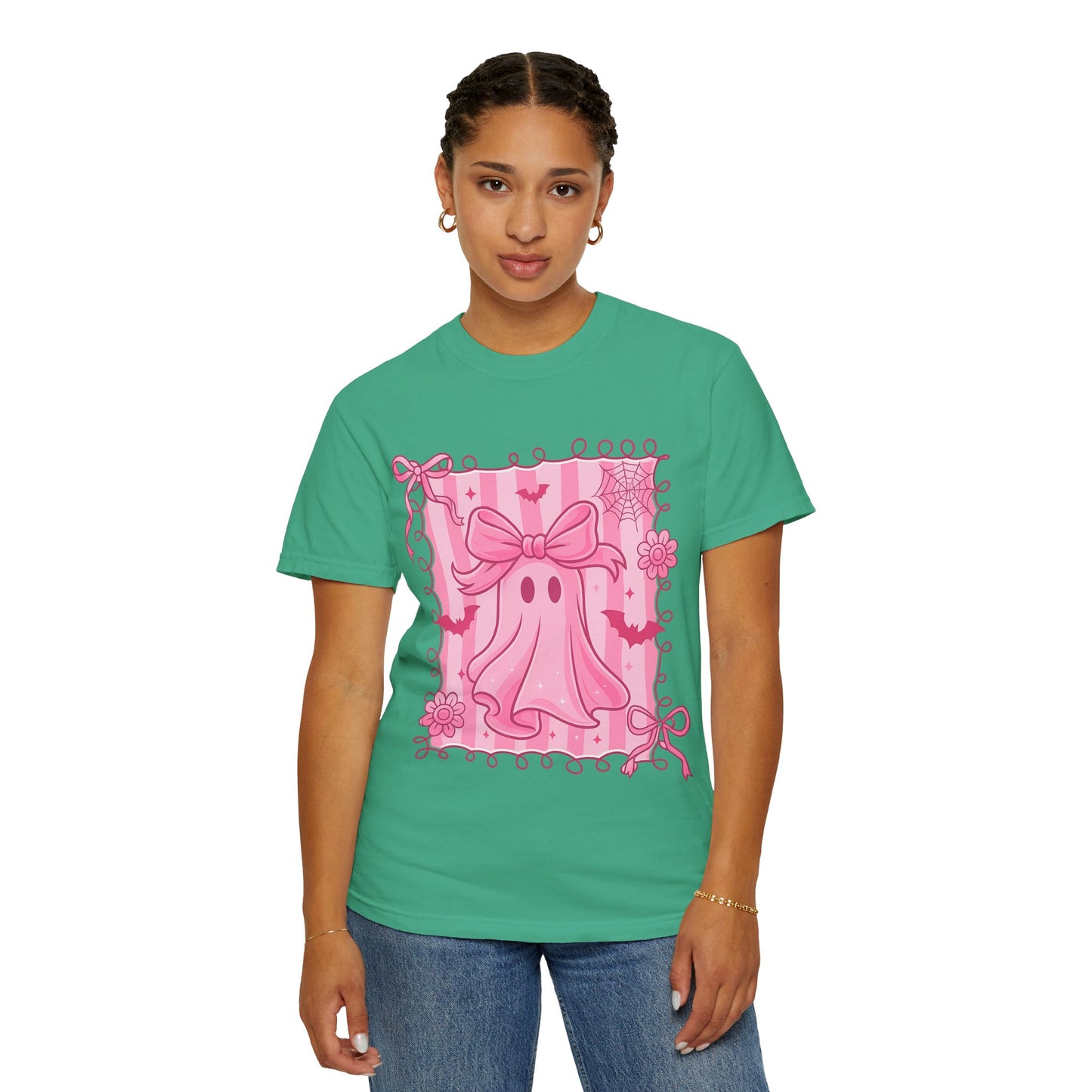 Cute Pink Ghost Graphic T-Shirt, Pink Halloween Tee, Unisex Garment-Dyed Top, Spooky Style for Fall, Trick or Treat Fashion
